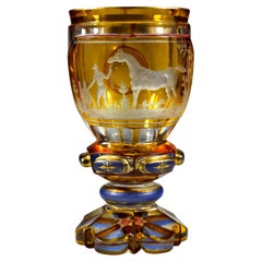 Vetro antico Goblet- Ambra Lazure,  Cavallo e fantino incisi