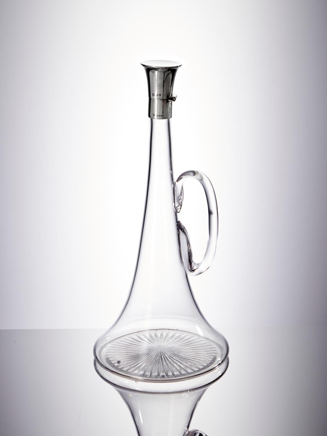 19th Century Antique Glass 'Hunting Horn' Decanter with Silver CAP 'Mouthpiece' London 1893 For Sale