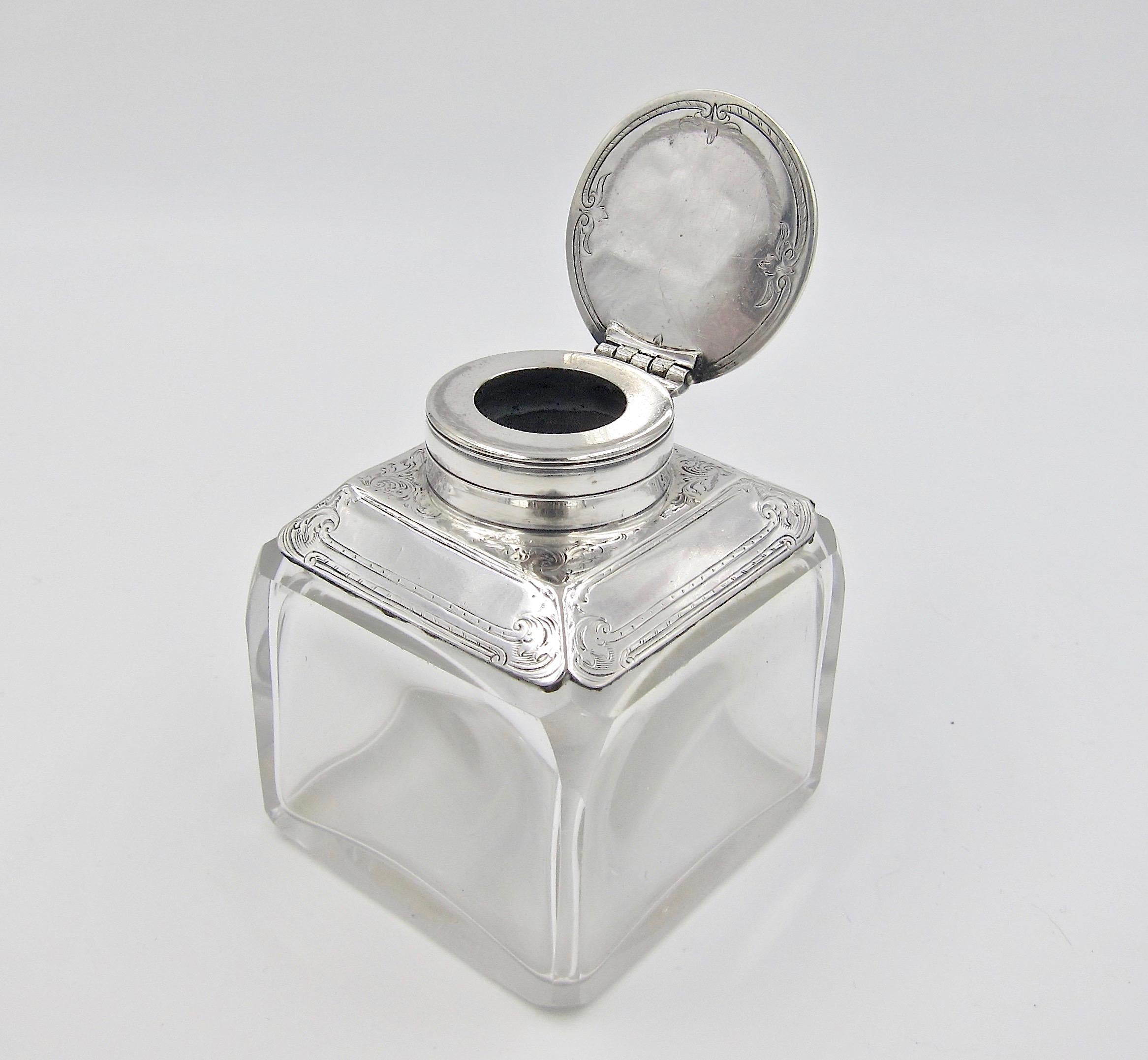 19th Century Antique Glass Inkwell with Sterling Silver Lid and Collar, 1894