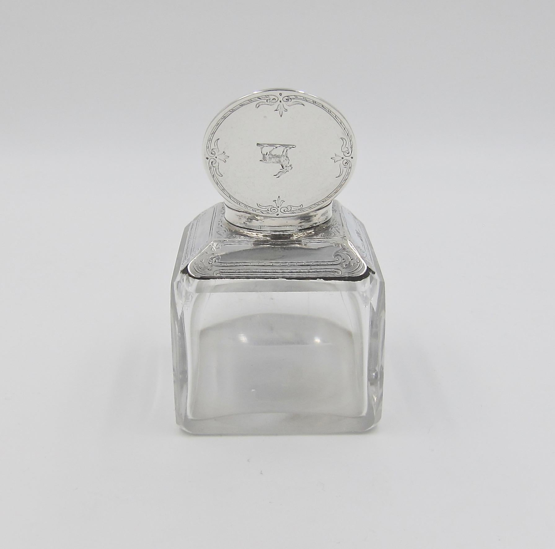 Antique Glass Inkwell with Sterling Silver Lid and Collar, 1894 1