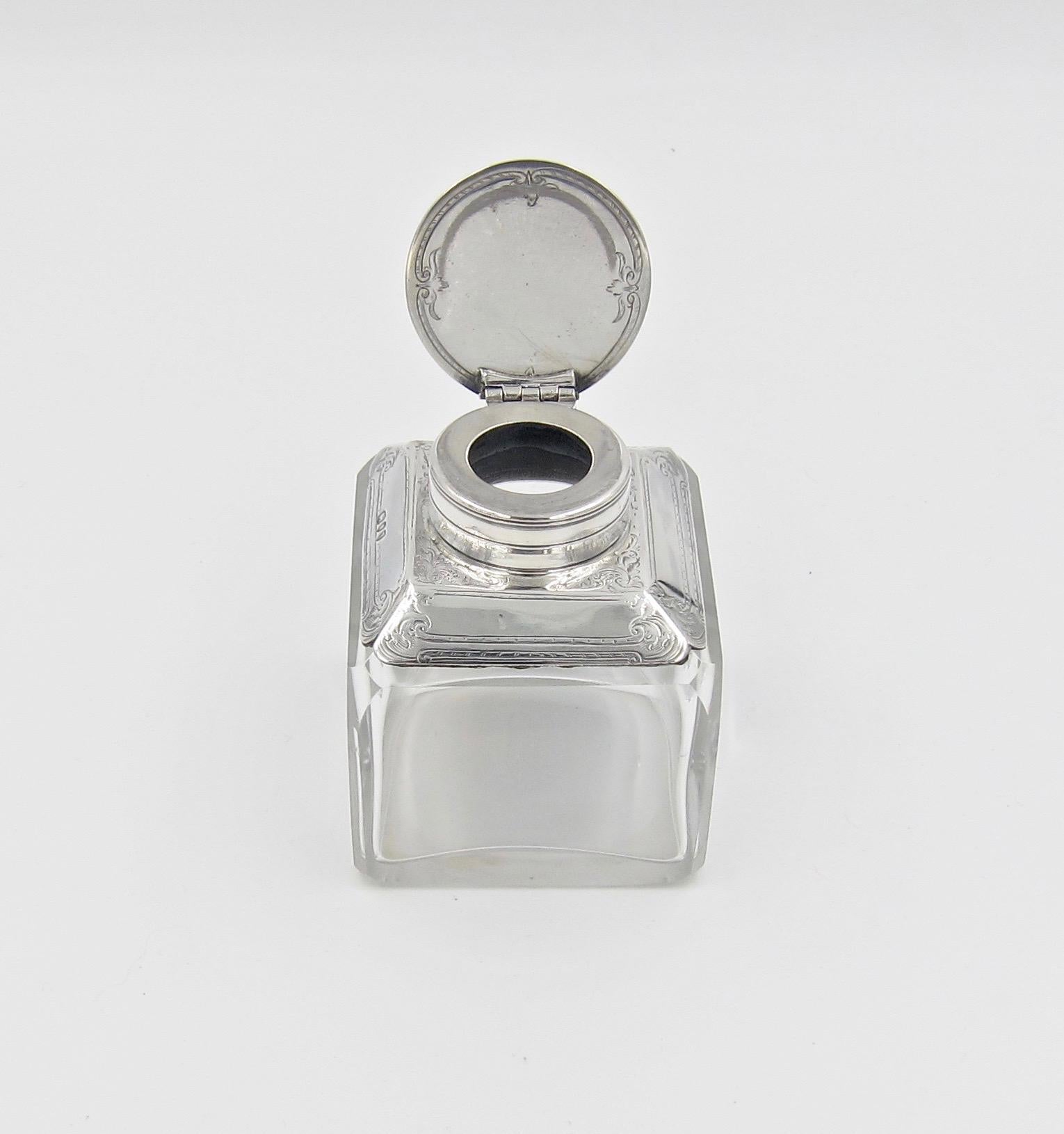 Victorian Antique Glass Inkwell with Sterling Silver Lid and Collar, 1894