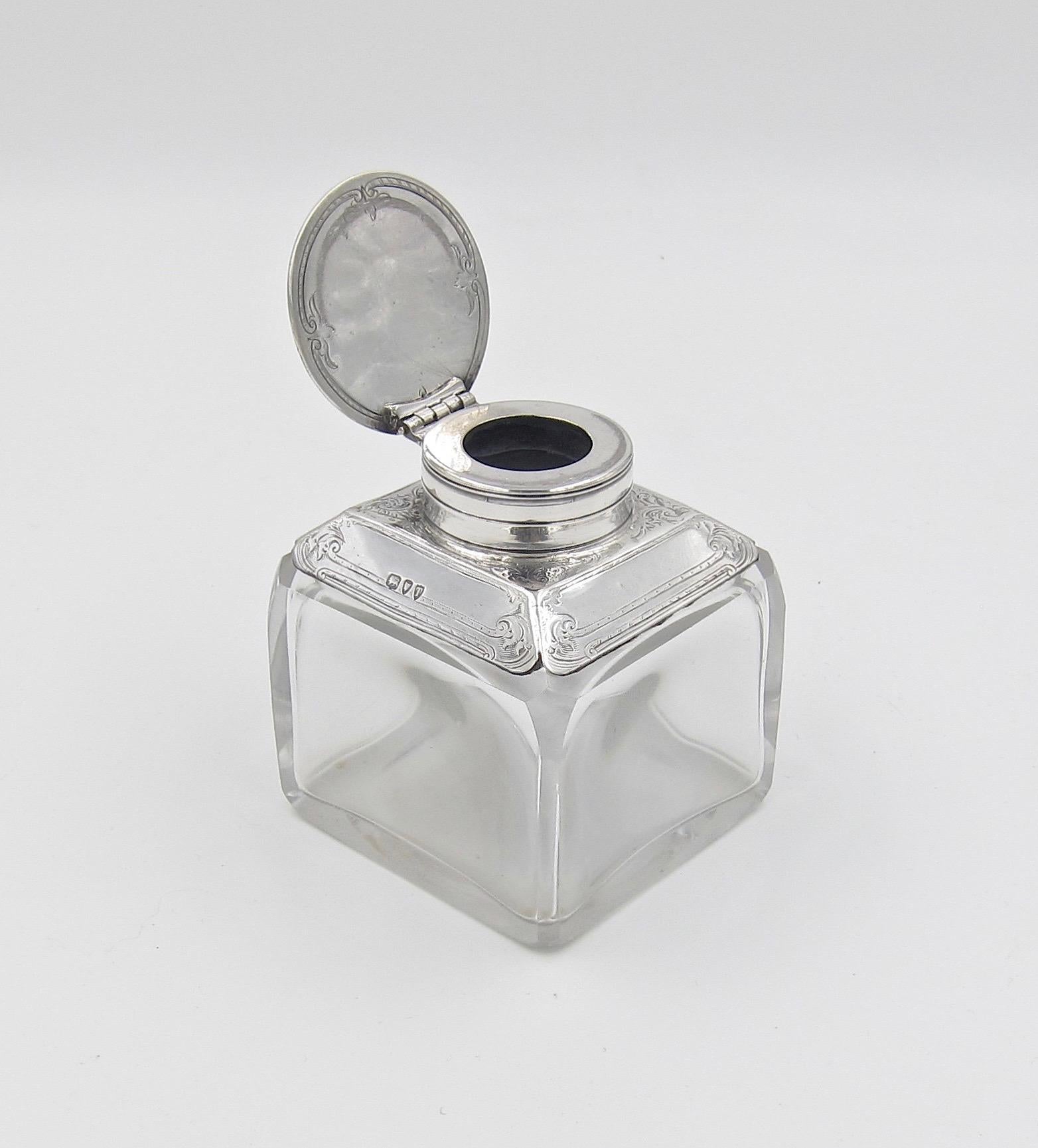 Engraved Antique Glass Inkwell with Sterling Silver Lid and Collar, 1894