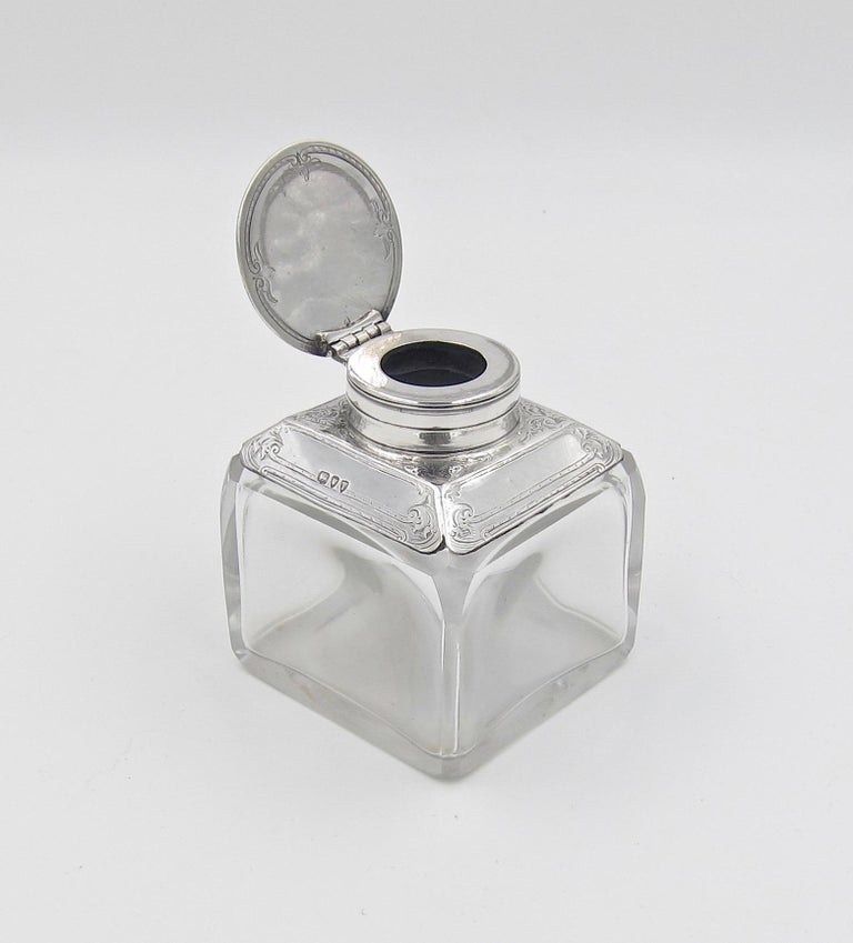 Antique Glass Inkwell with Sterling Silver Lid and Collar, 1894 at 1stDibs
