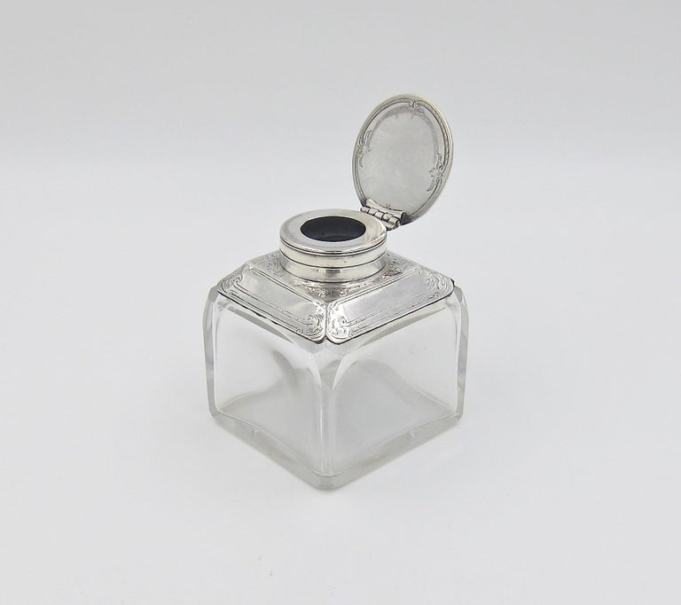 Antique Glass Inkwell with Sterling Silver Lid and Collar, 1894 at 1stDibs