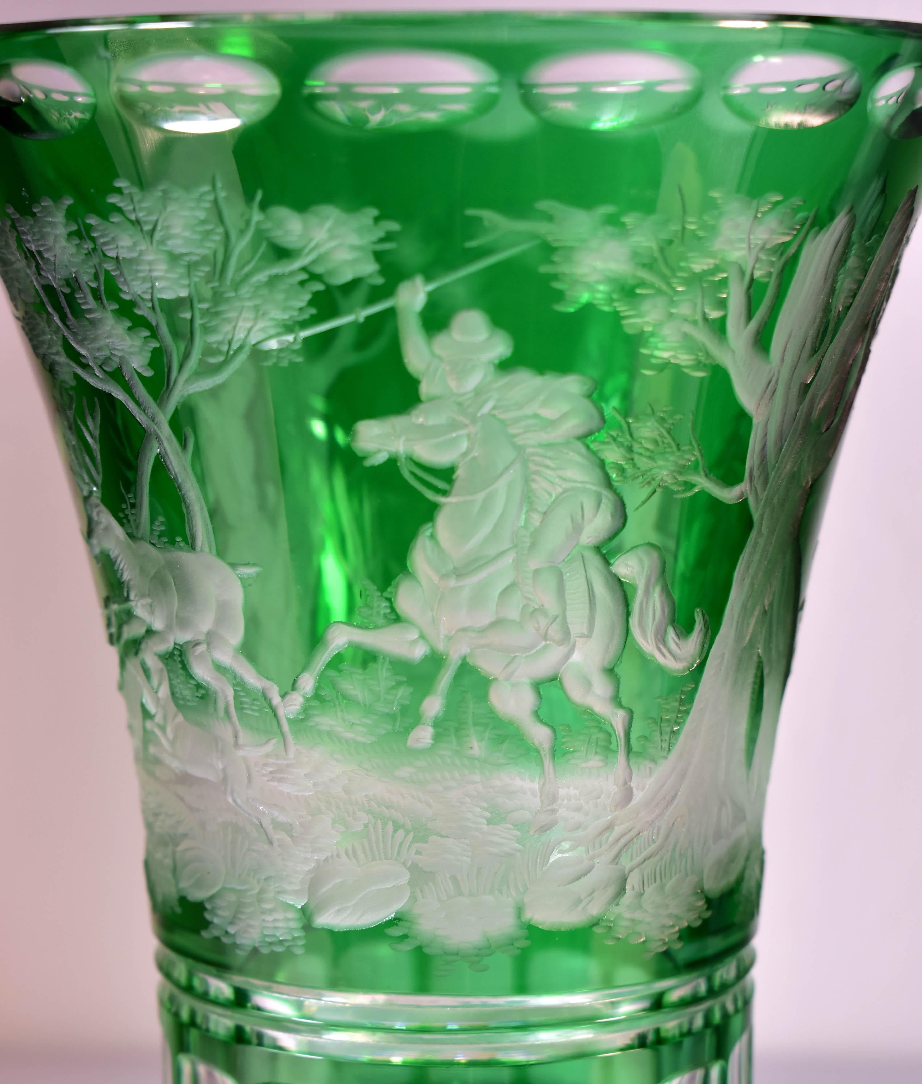Antique glass Overlay Vase - Engraved Hunting Motif 20th century For Sale 4