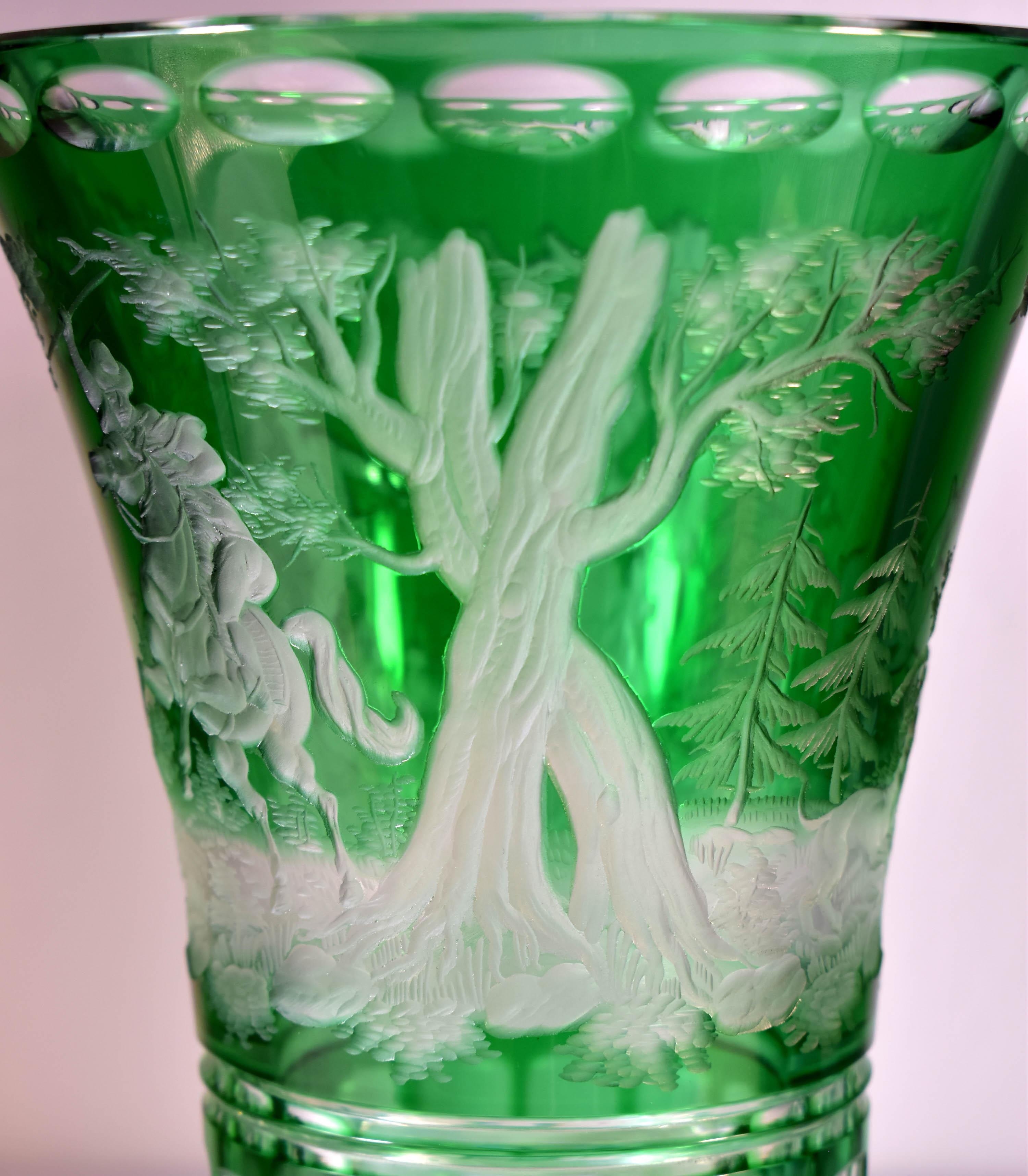 Antique glass Overlay Vase - Engraved Hunting Motif 20th century For Sale 5