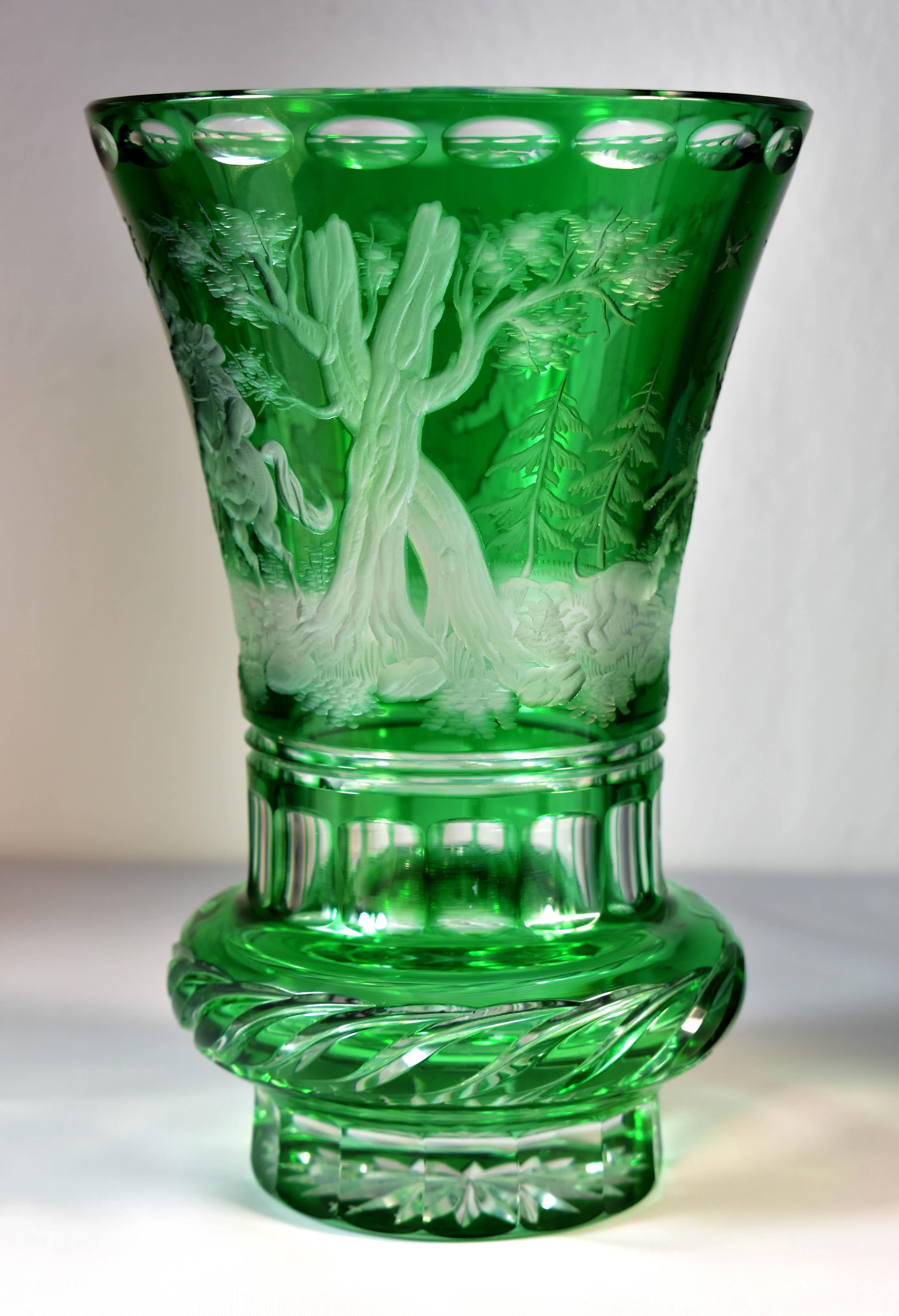 20th Century Antique glass Overlay Vase - Engraved Hunting Motif 20th century For Sale