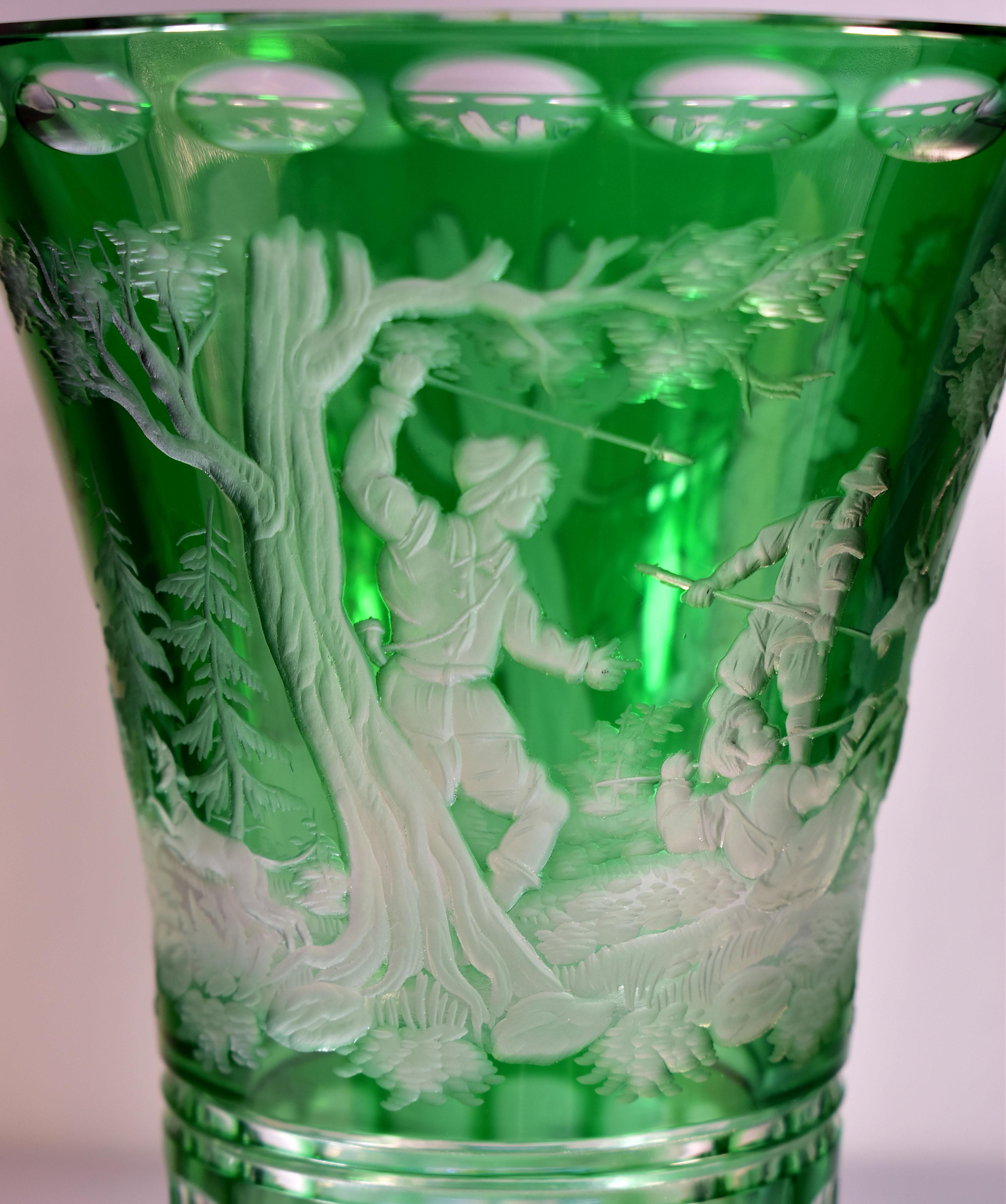 Antique glass Overlay Vase - Engraved Hunting Motif 20th century For Sale 2