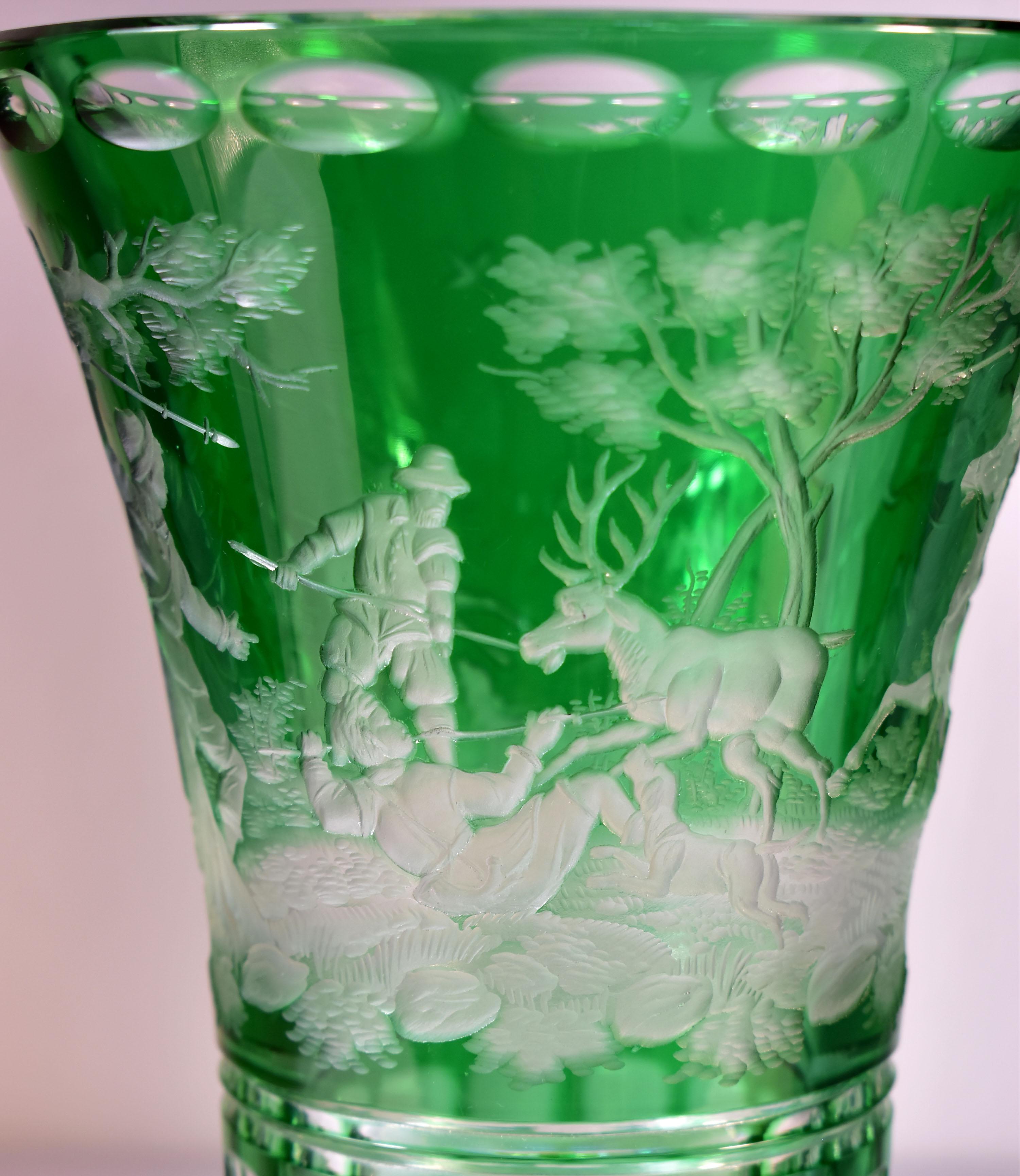 Antique glass Overlay Vase - Engraved Hunting Motif 20th century For Sale 3