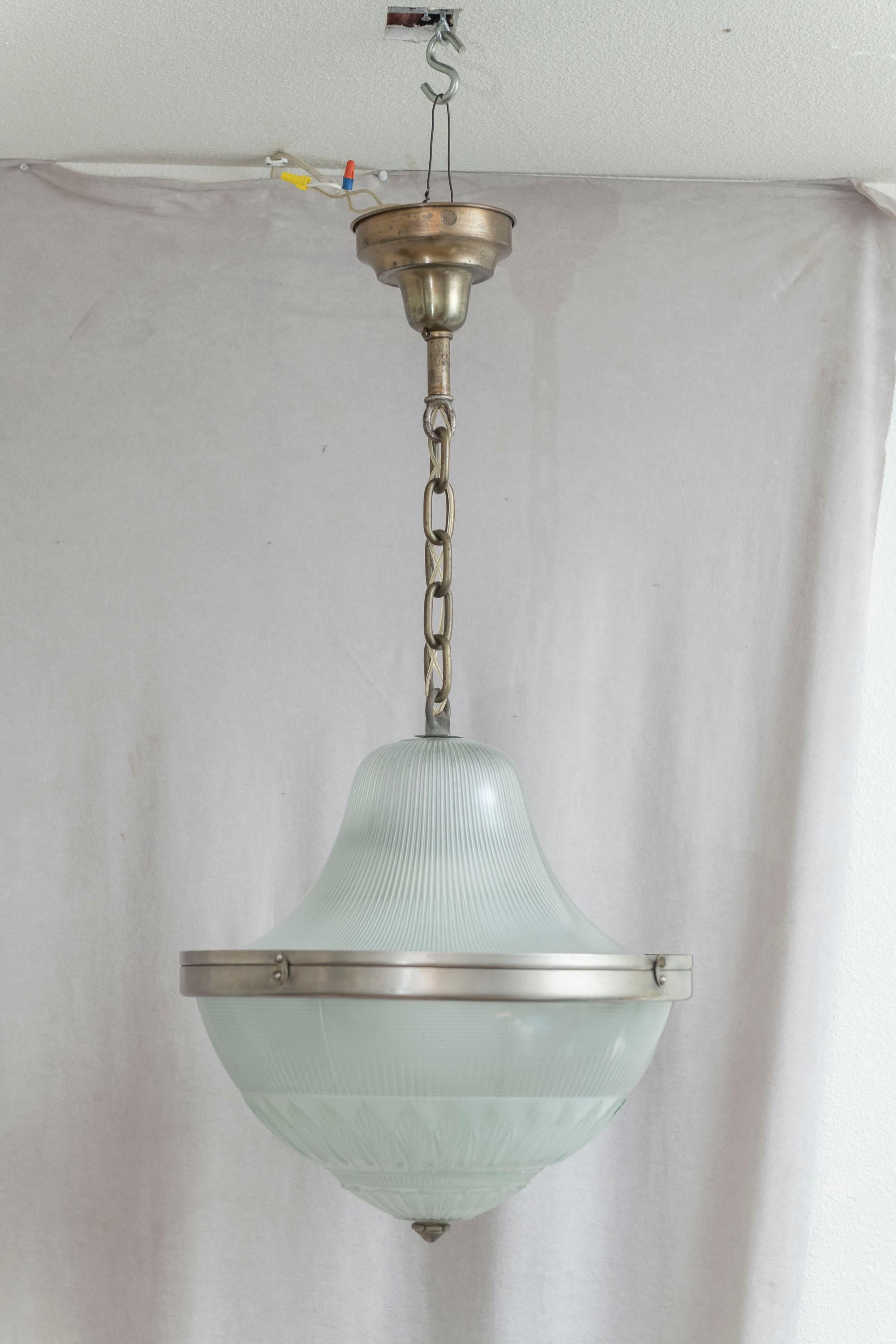 20th Century Antique Glass Pendant, Holophane, Glass Top & Bottom, ca. 1910, American For Sale