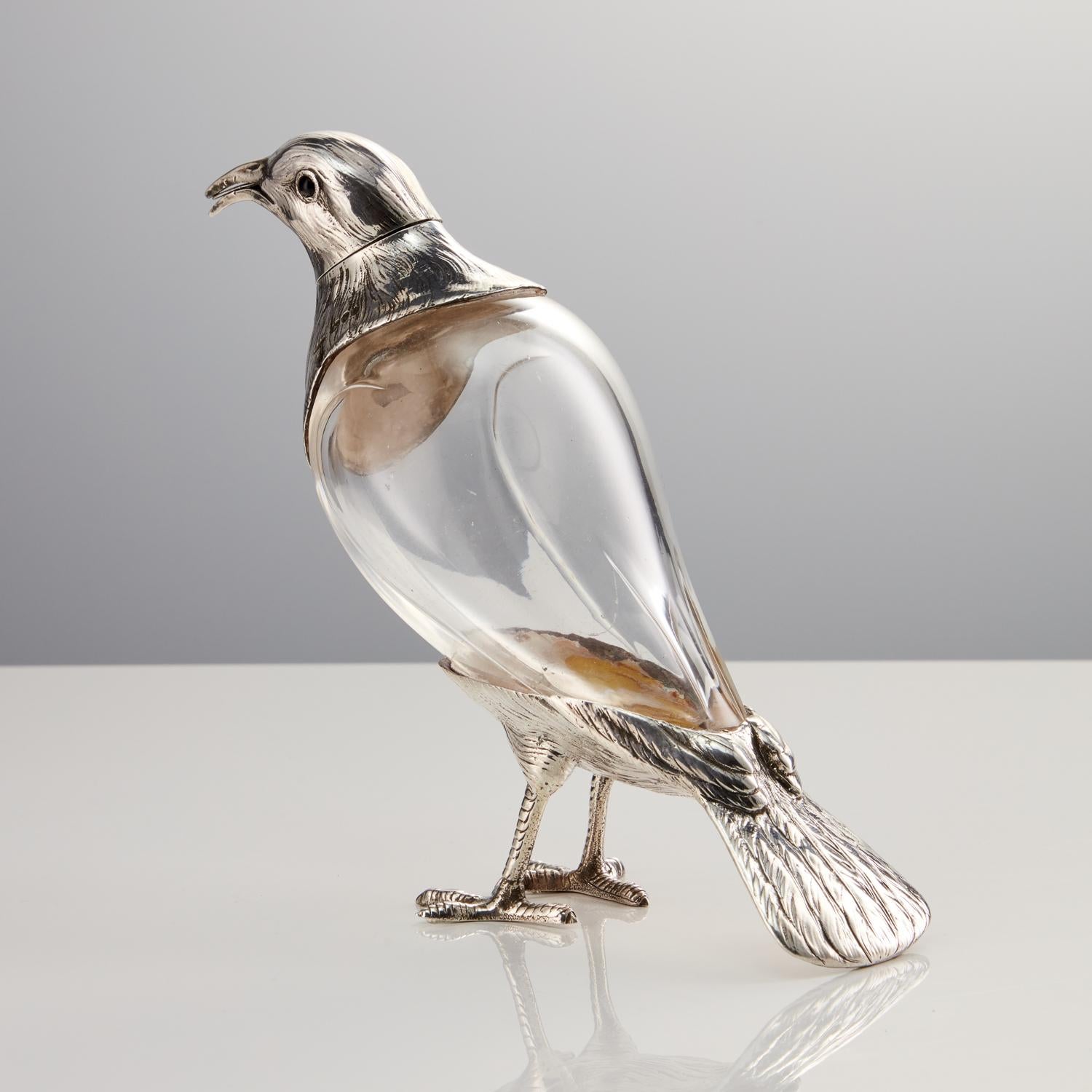 British Antique Glass & Sterling Silver Bird Decanter by Asprey London, 1892