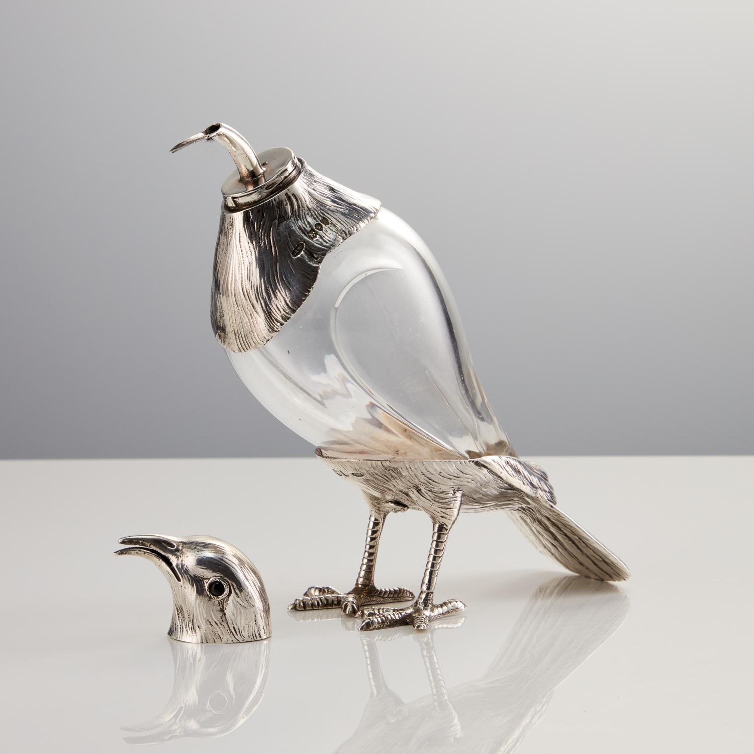 19th Century Antique Glass & Sterling Silver Bird Decanter by Asprey London, 1892