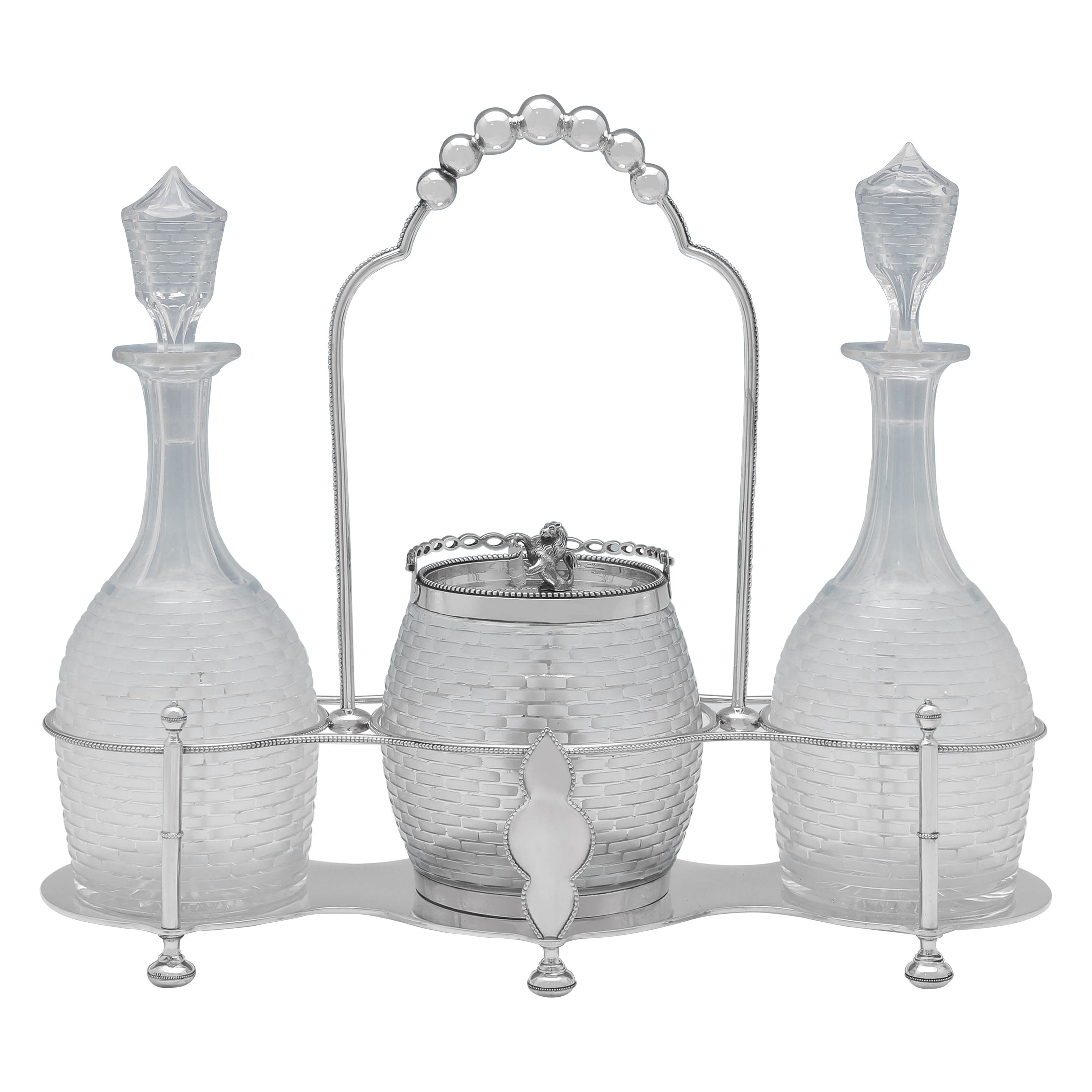 Antique Glass & Sterling Silver Decanter & Biscuit Box Set, Linley & Hodd, 1870
