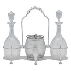 Antique Glass & Sterling Silver Decanter & Biscuit Box Set, Linley & Hodd, 1870