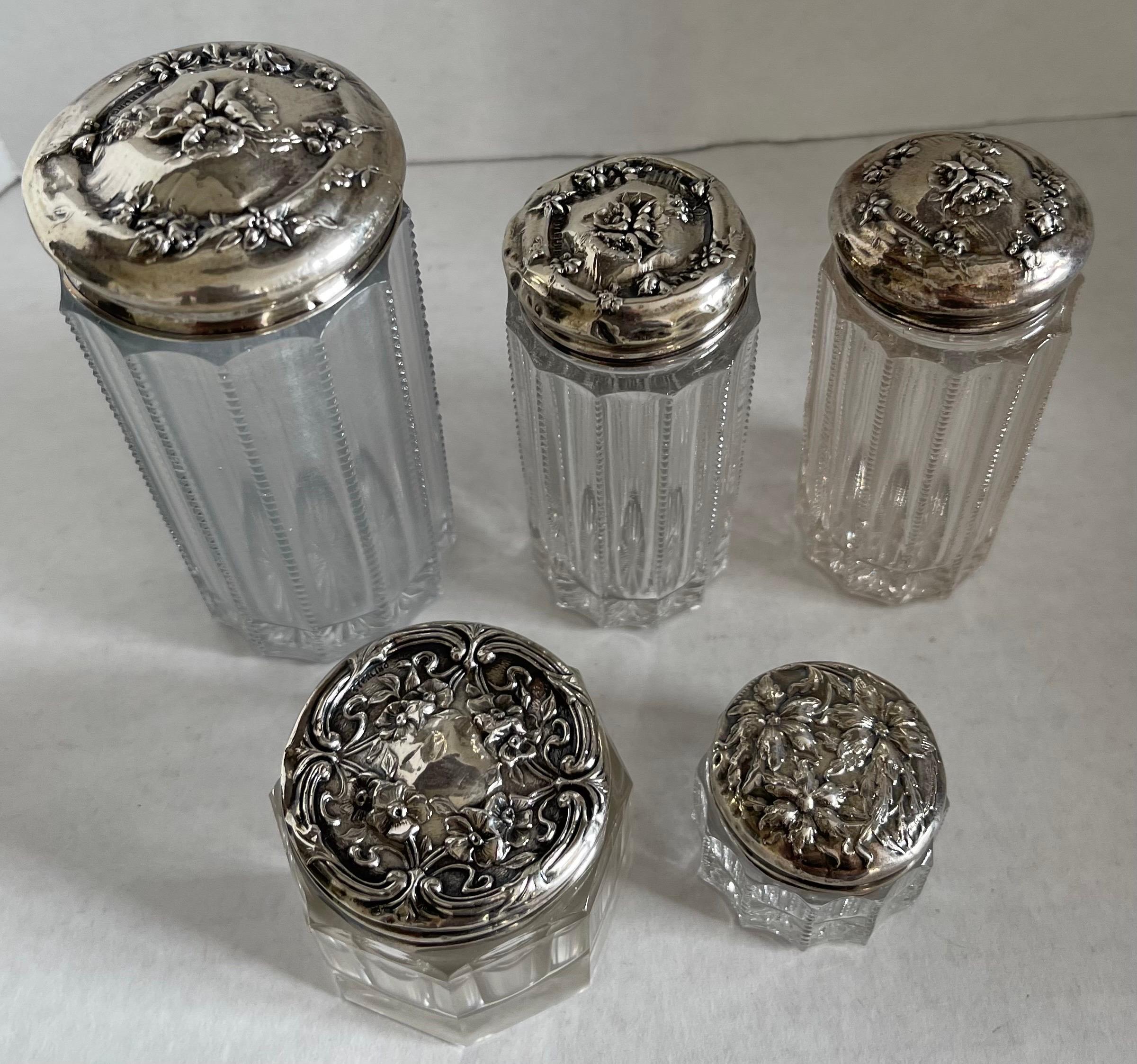 Art Nouveau Antique Glass & Sterling Vanity Jars, Set of Five For Sale