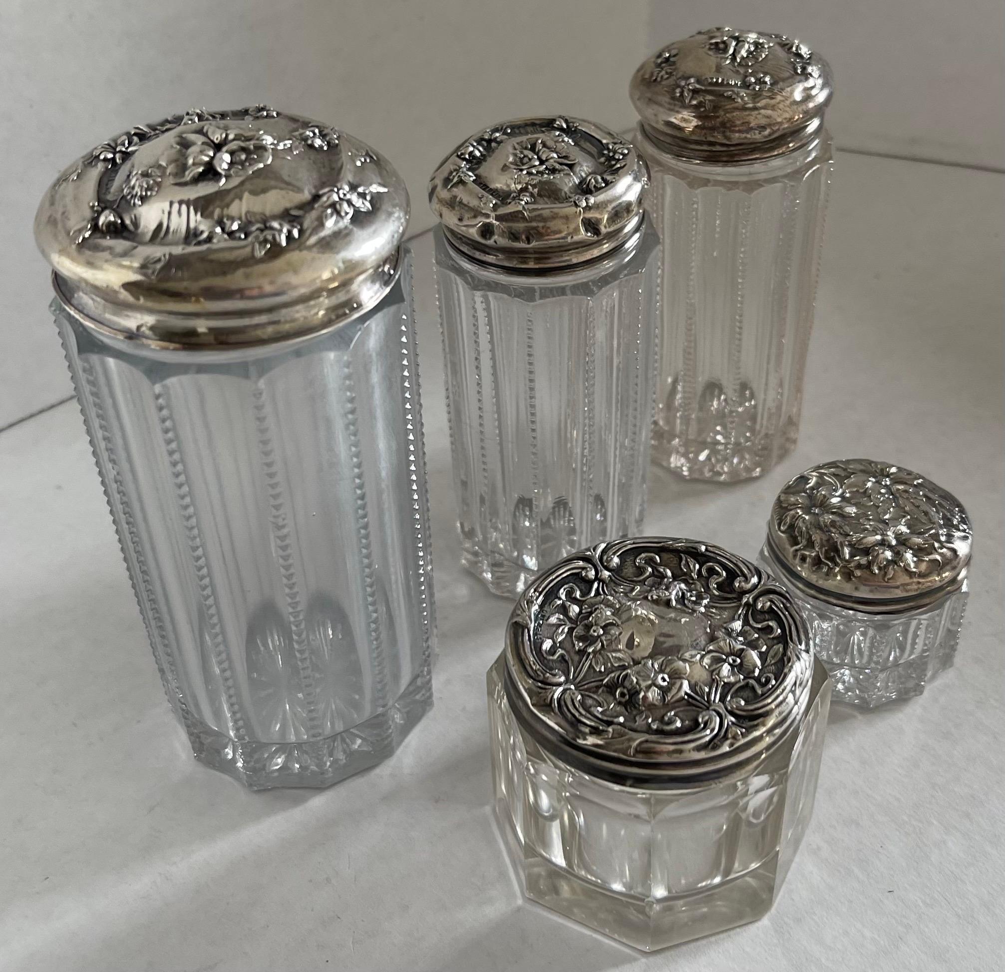 American Antique Glass & Sterling Vanity Jars, Set of Five For Sale