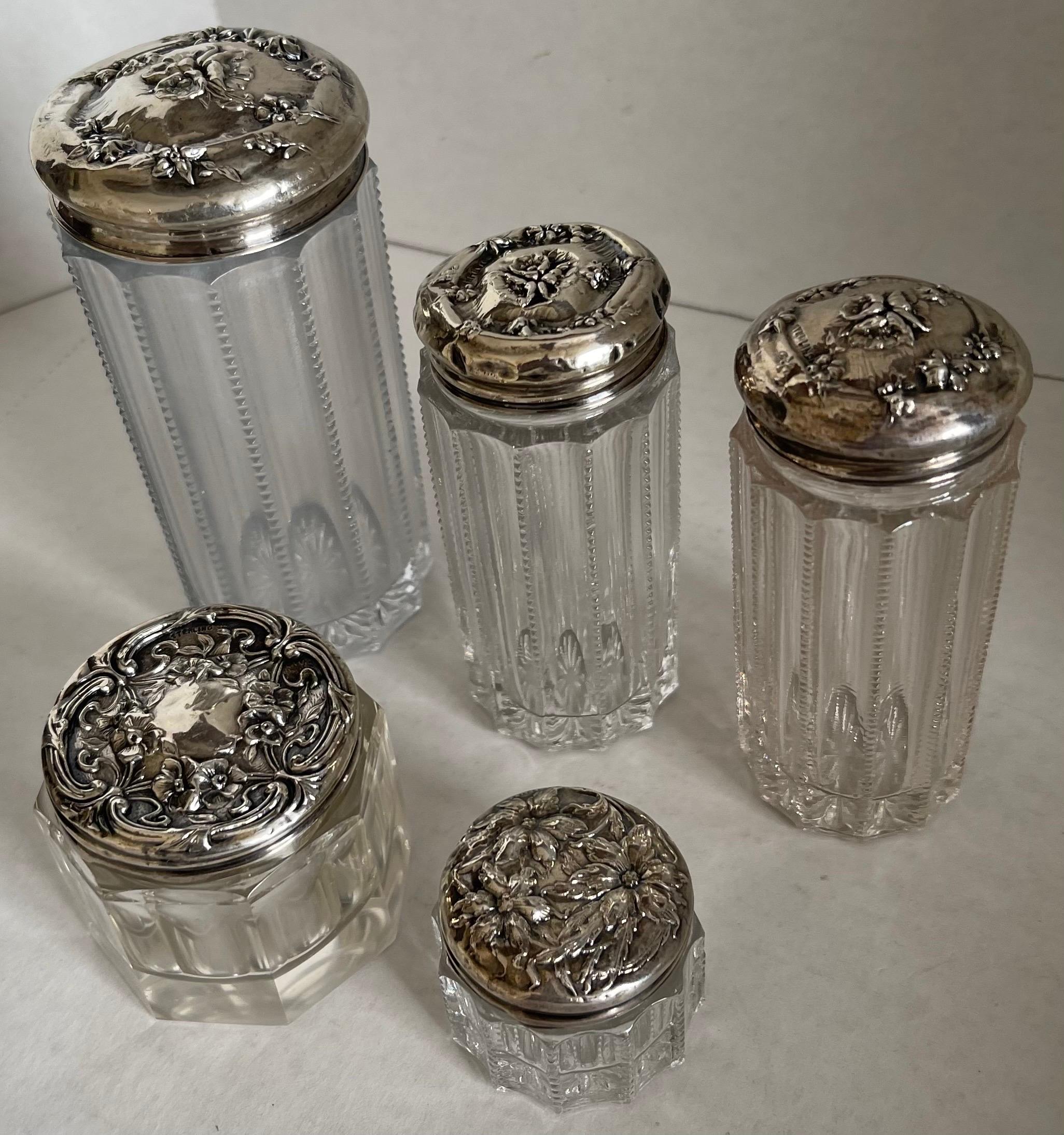 Repoussé Antique Glass & Sterling Vanity Jars, Set of Five For Sale