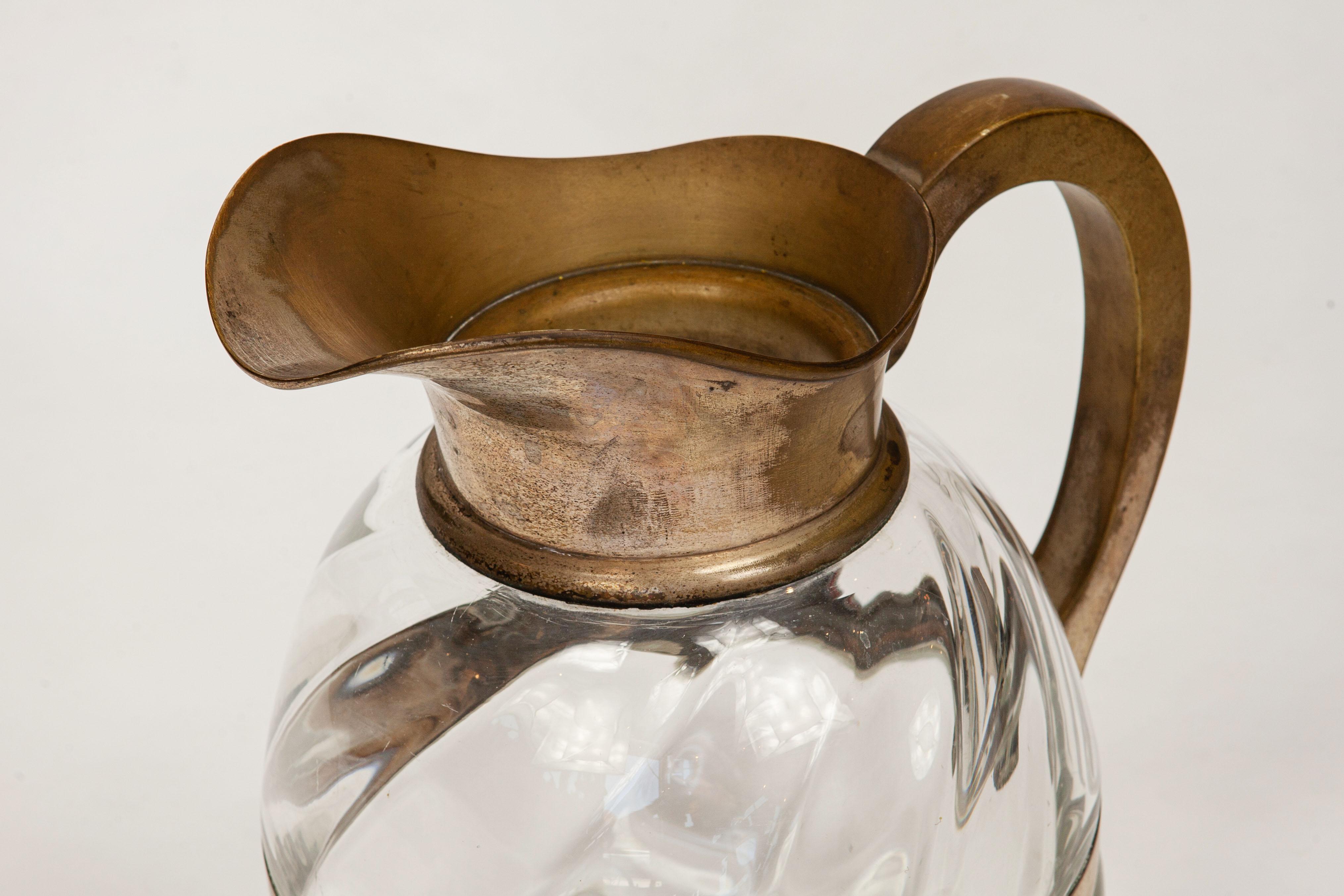 Antique Glass Water Pitcher with Metal Handle, Spout and Belly Band