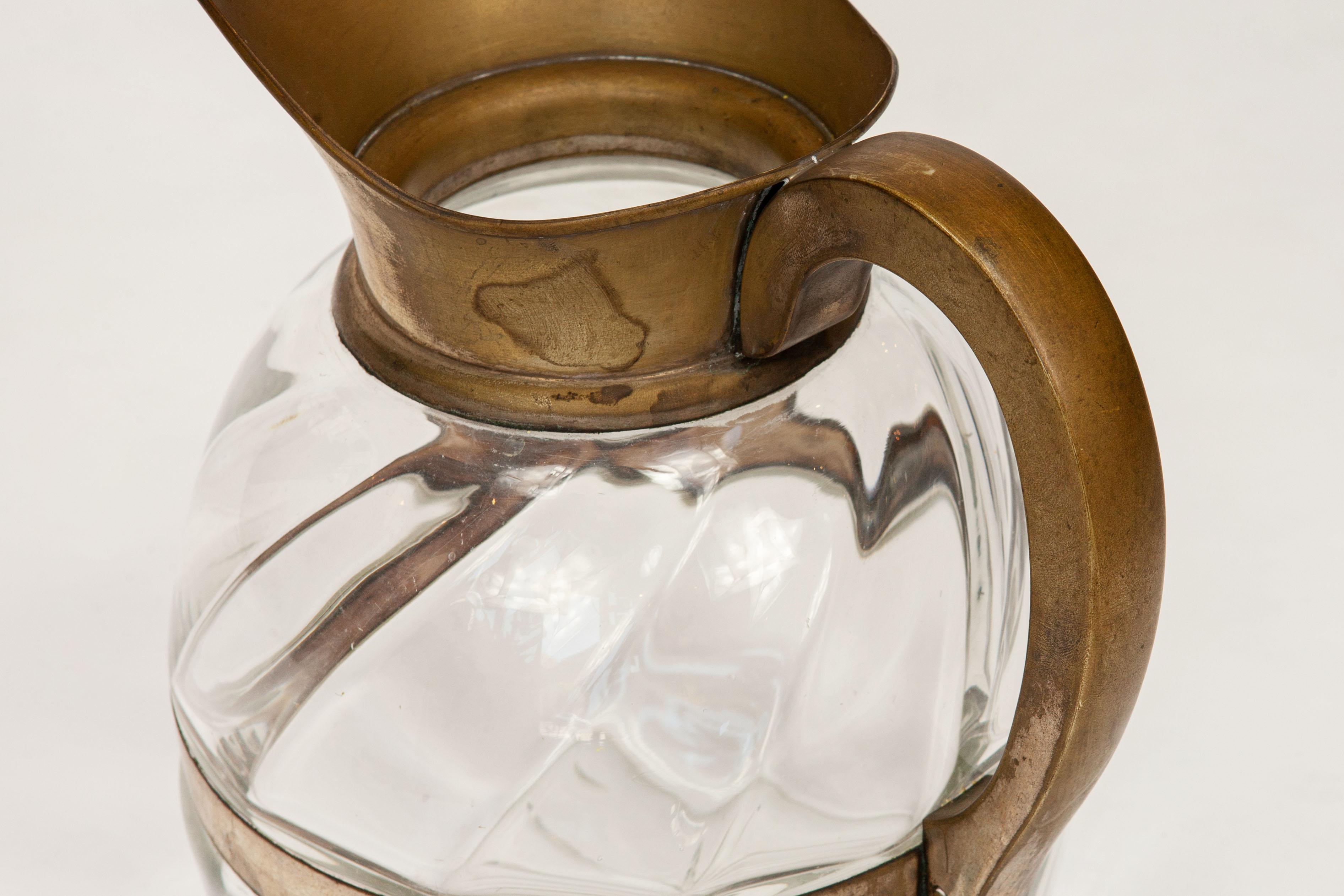 Antique Glass Water Pitcher with Metal Handle, Spout and Belly Band