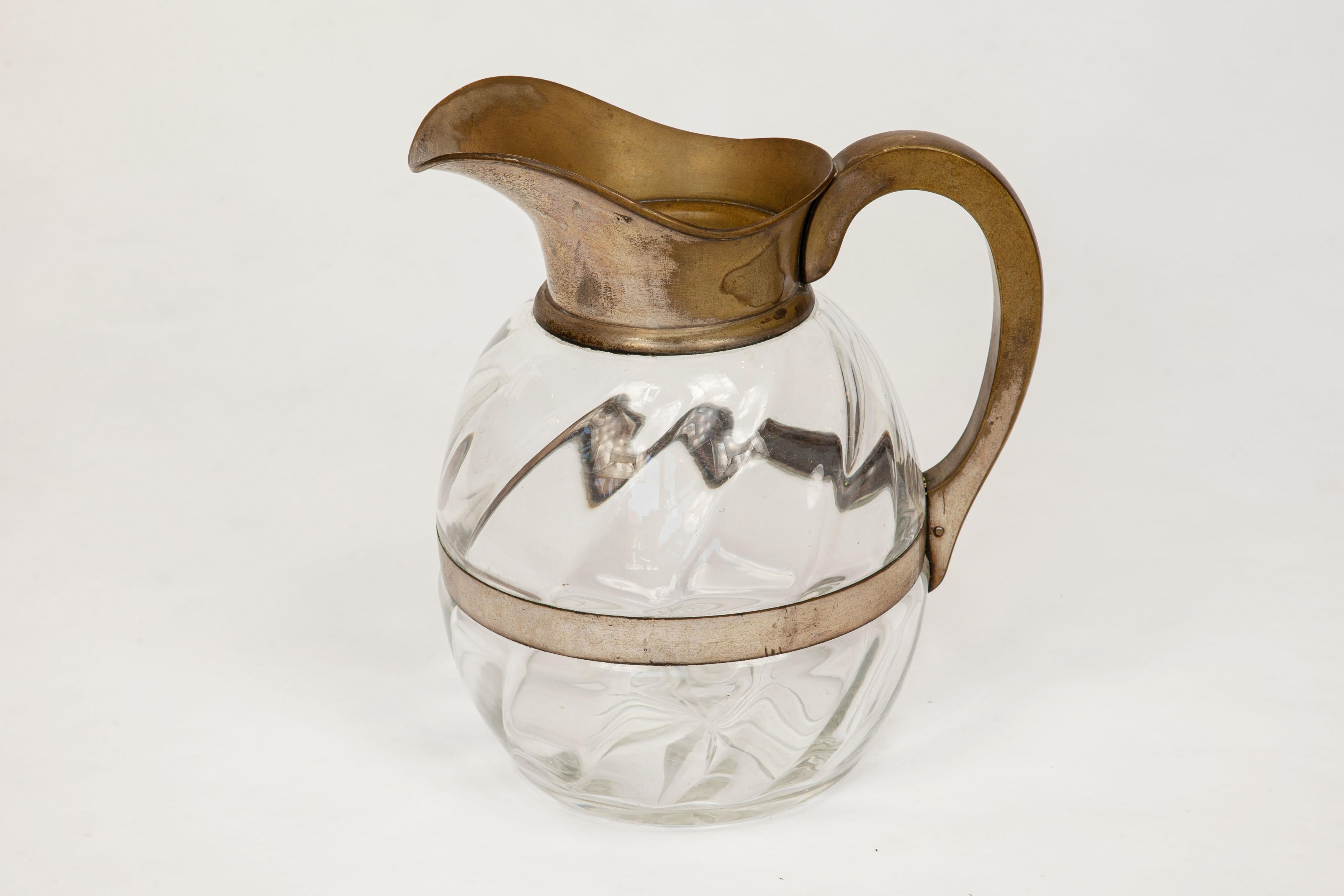 Antique Glass Water Pitcher with Metal Handle, Spout and Belly Band