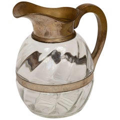 Antique Glass Water Pitcher with Metal Handle, Spout & Belly Band, circa 1880