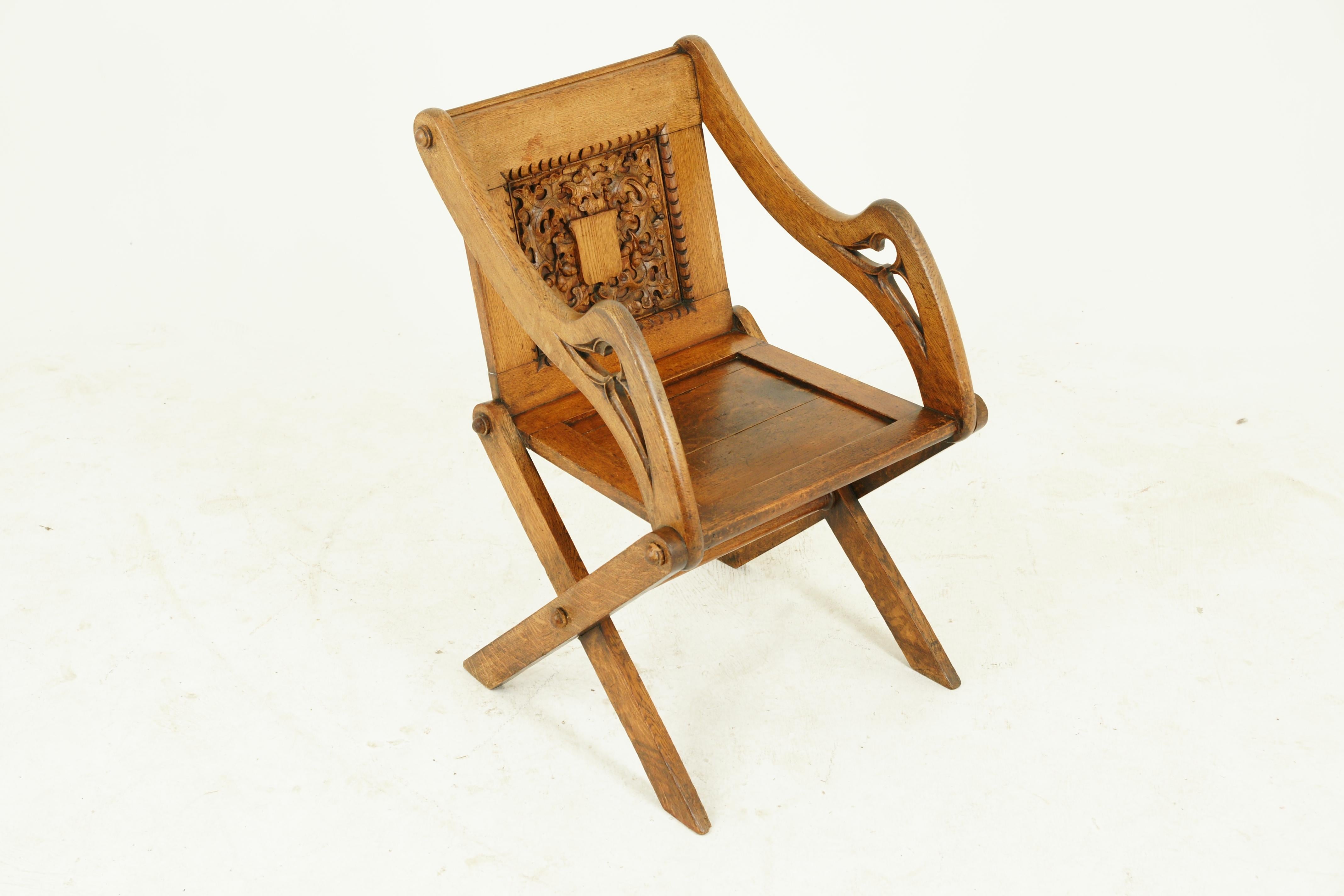 Hand-Carved Antique Glastonbury Chair, Arts & Crafts Chair, Oak Chair, Scotland, 1900, B1538