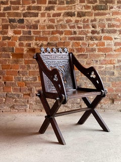 Antique Glastonbury Chair Heavily Carved Gothic, circa 1890