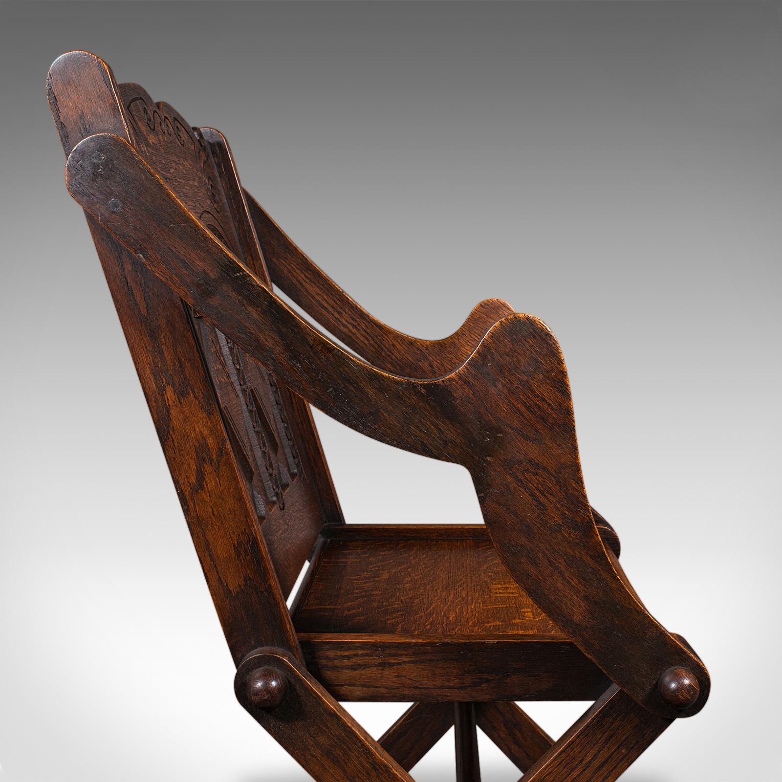 Antique Glastonbury Chair, Welsh Oak, Gothic Revival Elbow Seat, Victorian, 1880 For Sale 5