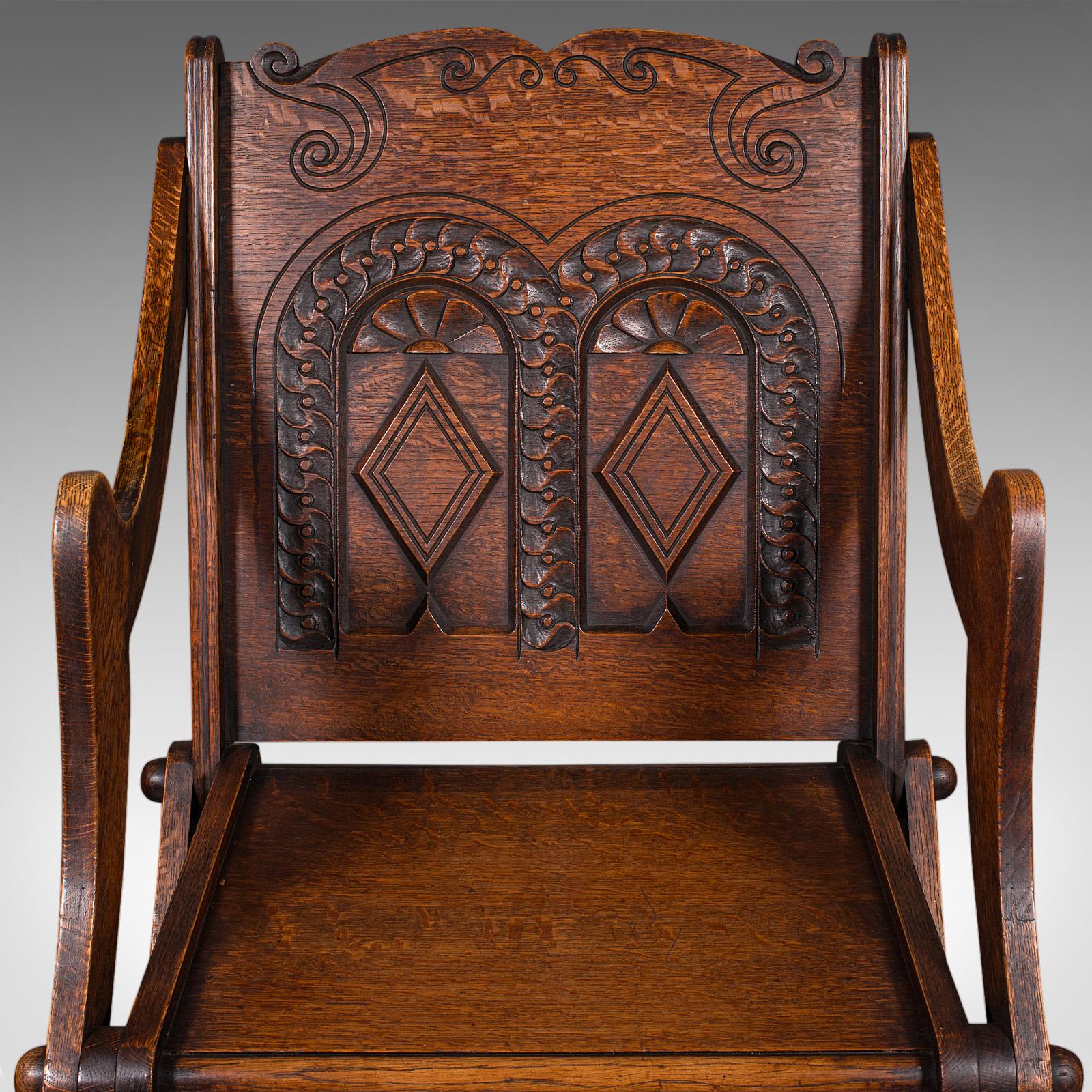 Antique Glastonbury Chair, Welsh Oak, Gothic Revival Elbow Seat, Victorian, 1880 For Sale 7