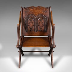 Antique Glastonbury Chair, Welsh Oak, Gothic Revival Elbow Seat, Victorian, 1880