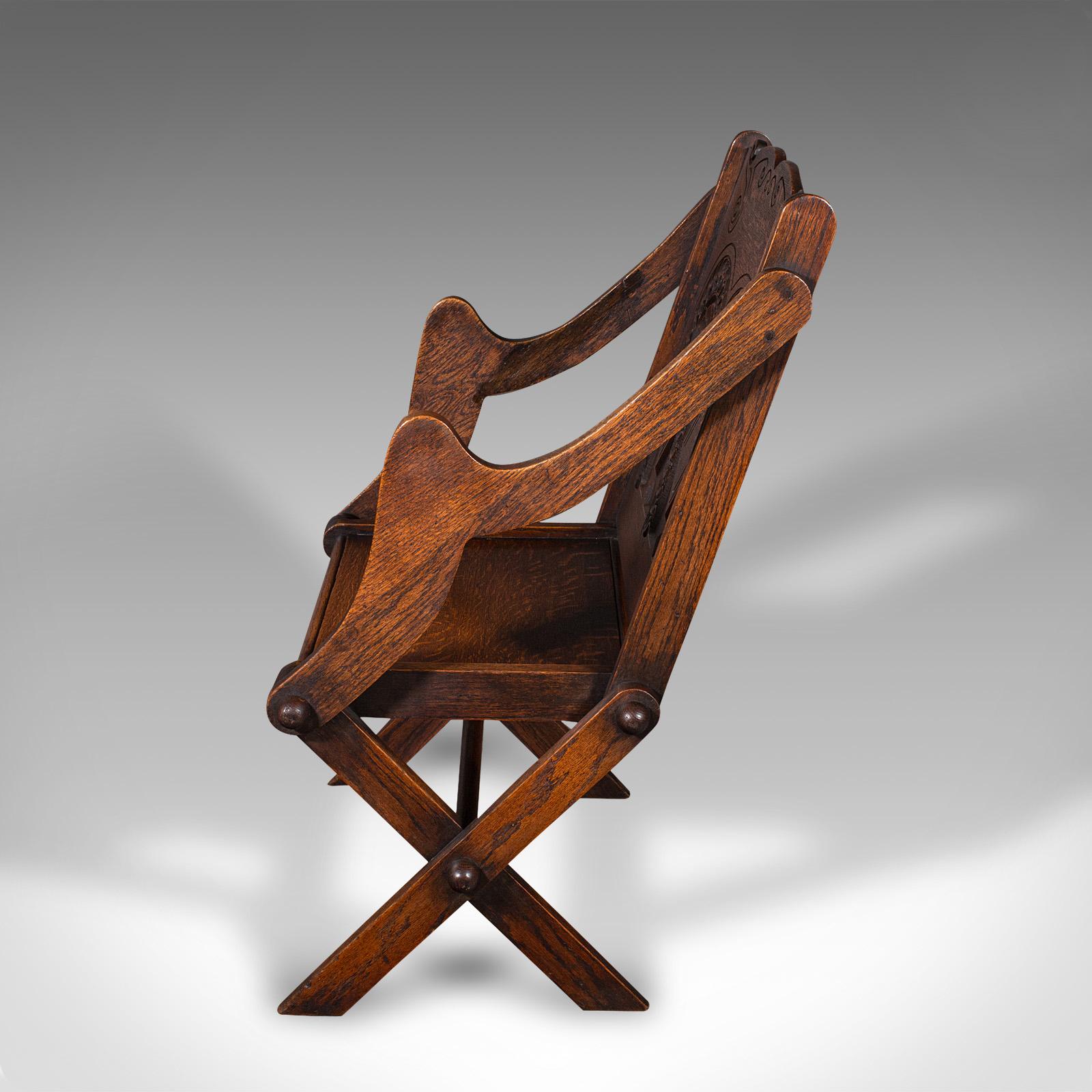 19th Century Antique Glastonbury Chair, Welsh Oak, Gothic Revival Elbow Seat, Victorian, 1880 For Sale