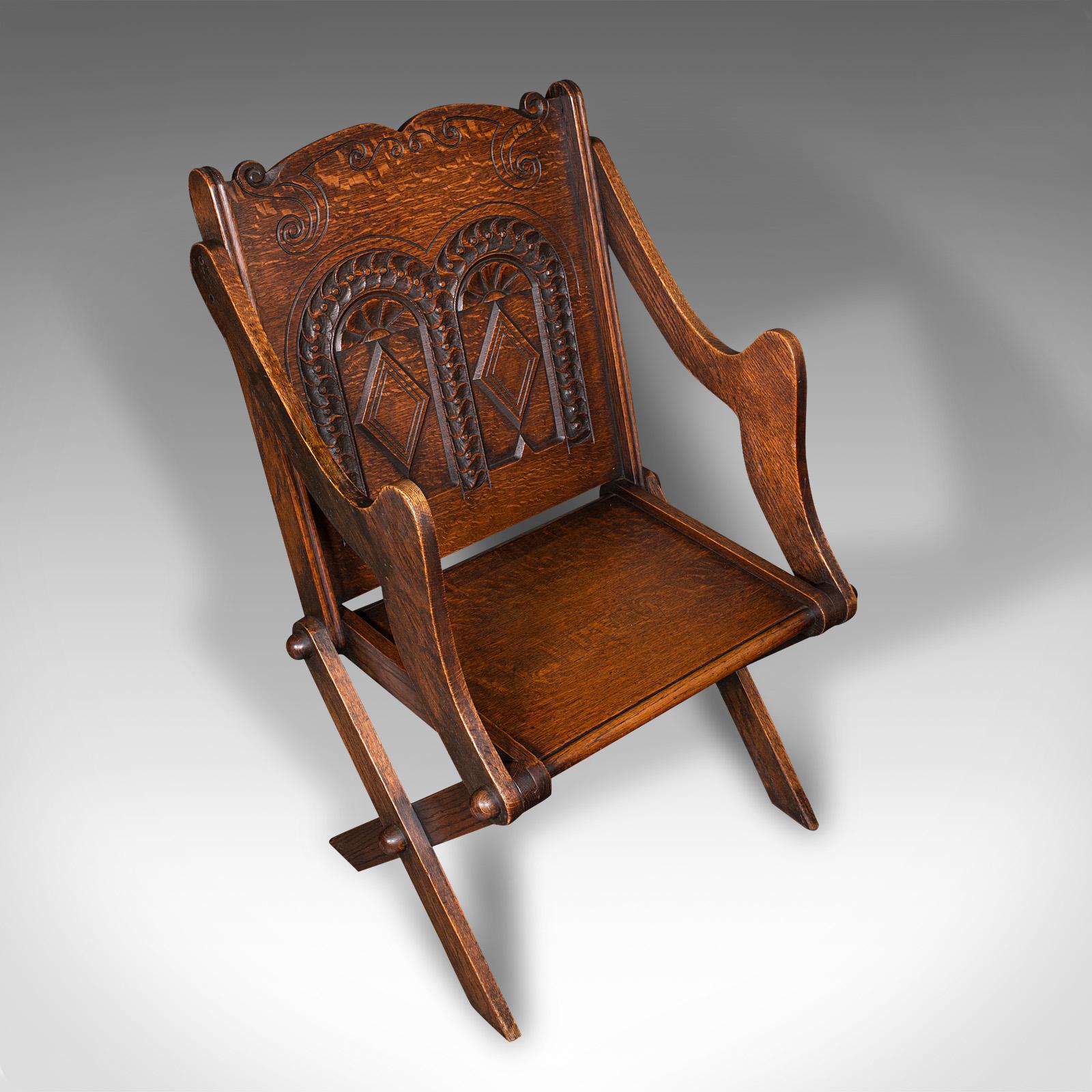 Antique Glastonbury Chair, Welsh Oak, Gothic Revival Elbow Seat, Victorian, 1880 For Sale 1