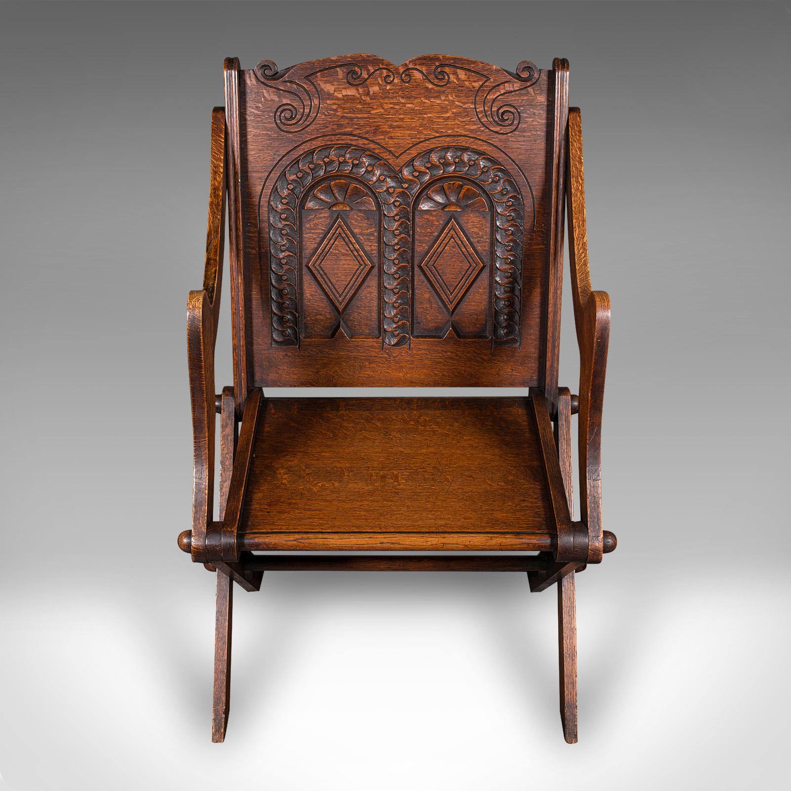 Antique Glastonbury Chair, Welsh Oak, Gothic Revival Elbow Seat, Victorian, 1880 For Sale 2