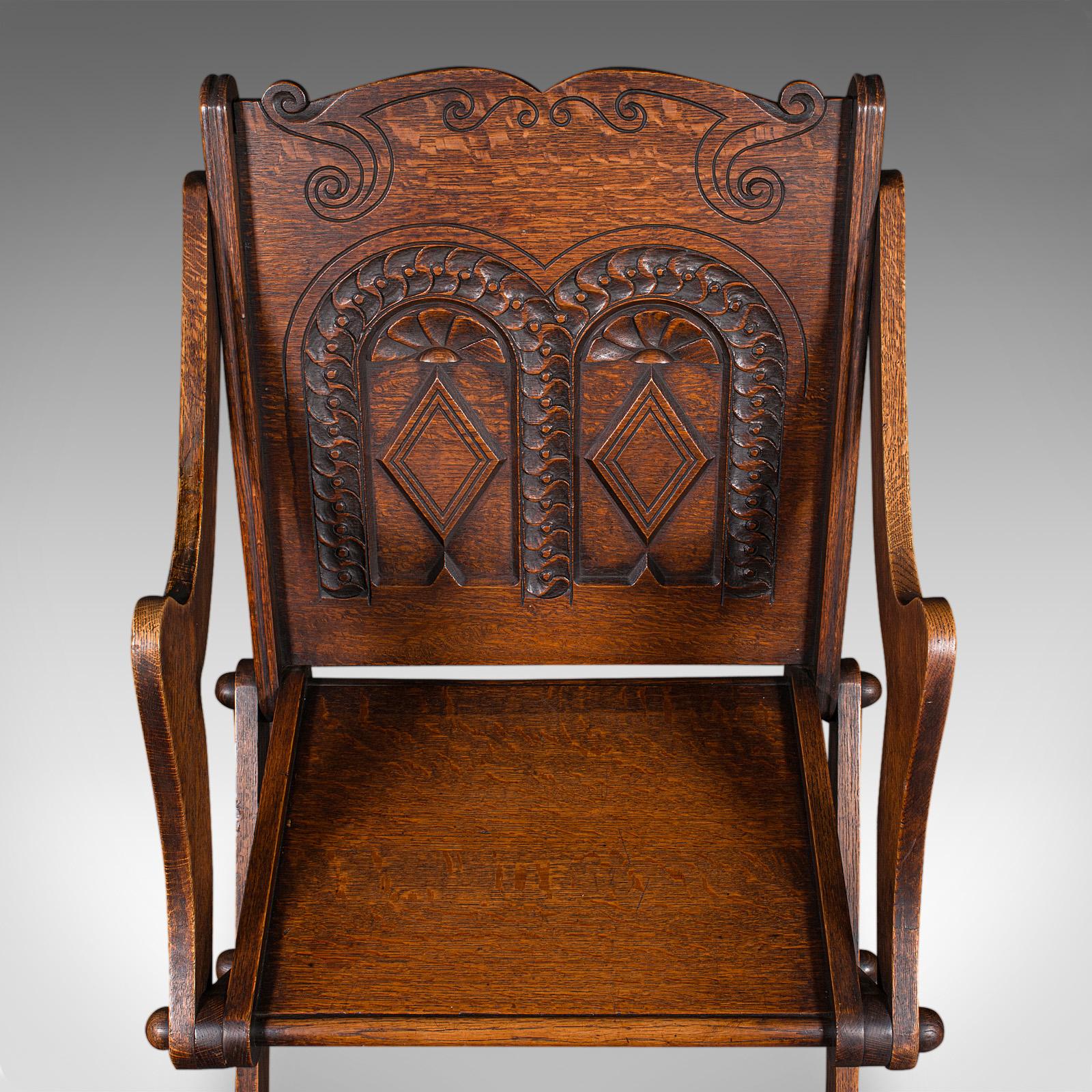 Antique Glastonbury Chair, Welsh Oak, Gothic Revival Elbow Seat, Victorian, 1880 For Sale 3