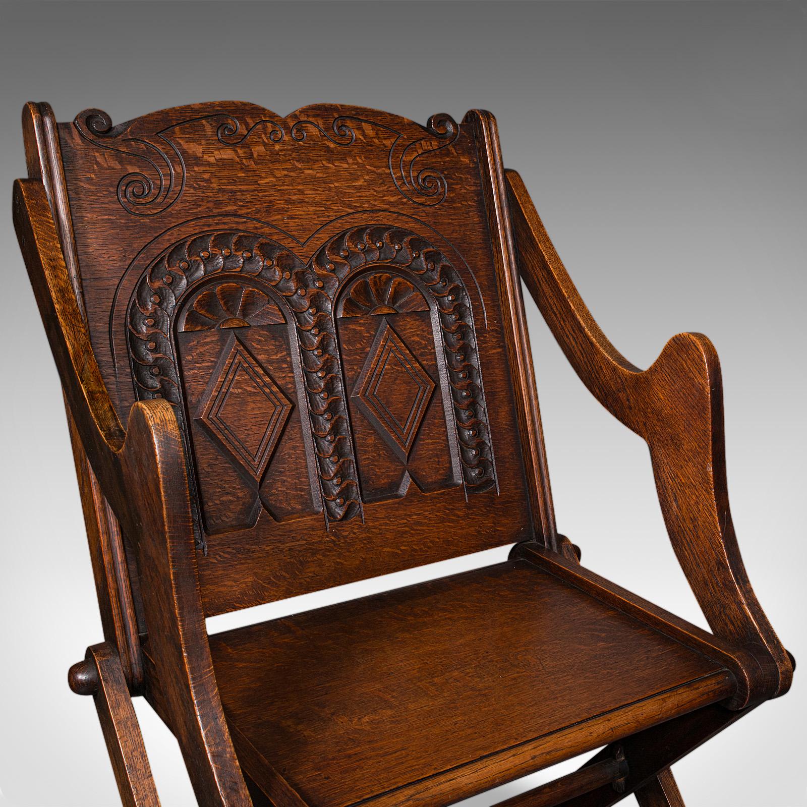 Antique Glastonbury Chair, Welsh Oak, Gothic Revival Elbow Seat, Victorian, 1880 For Sale 4