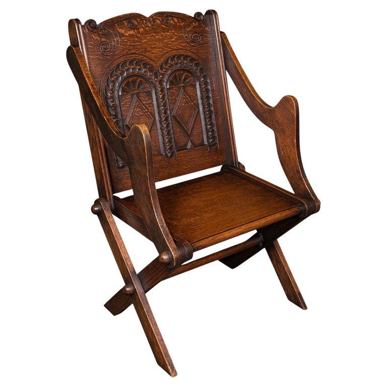 Antique Glastonbury Chair, Welsh Oak, Gothic Revival Elbow Seat