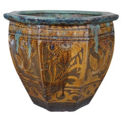 Antique Glazed Ceramic Figural Octogon Planter Urn Animal Motif Birds Floral