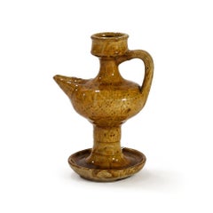 Antike glasierte Keramik-Öllampe, ockerfarbenes Finish, Süditalien, 1880