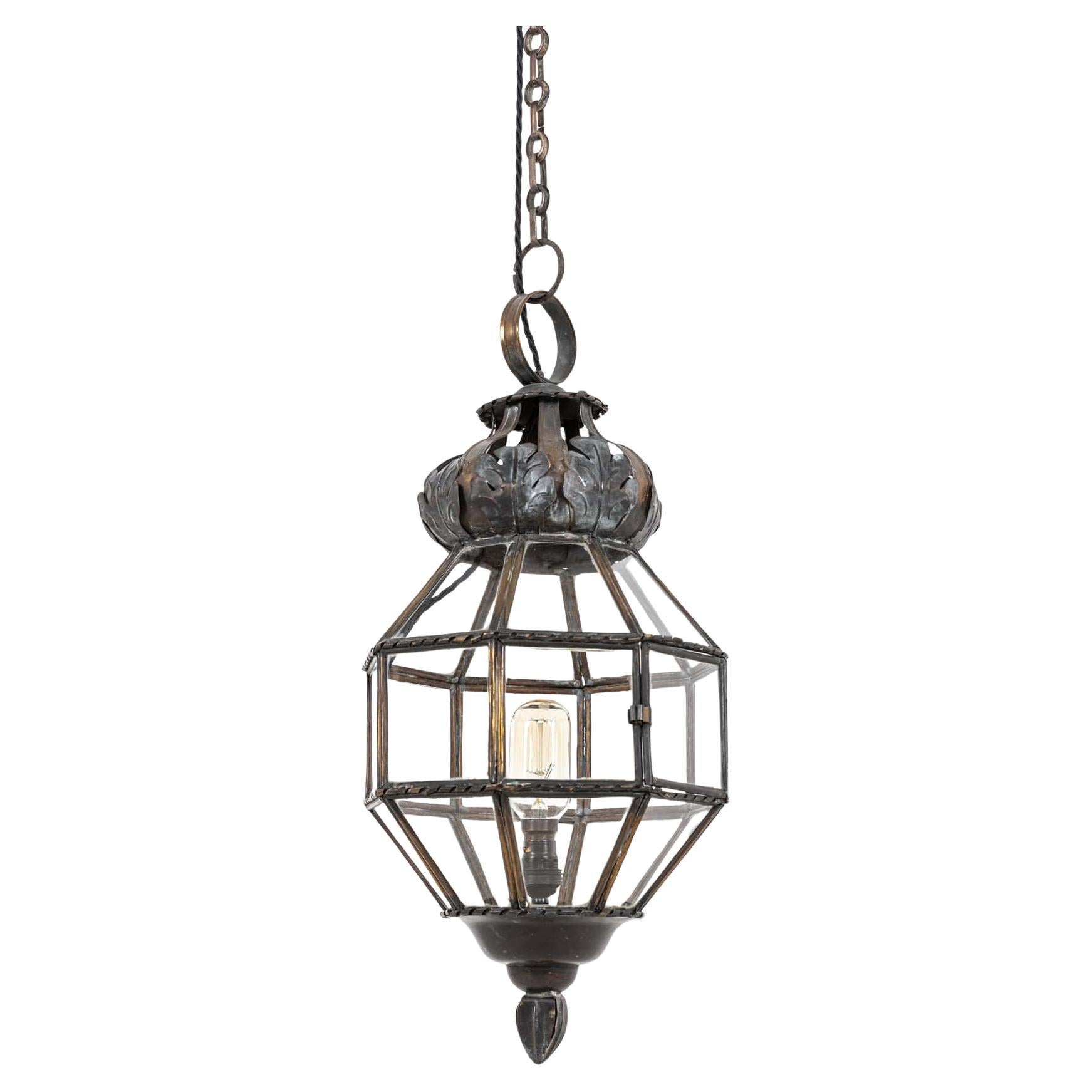 Antique Glazed Copper Hall Lantern Pendant Light Lamp. C.1890