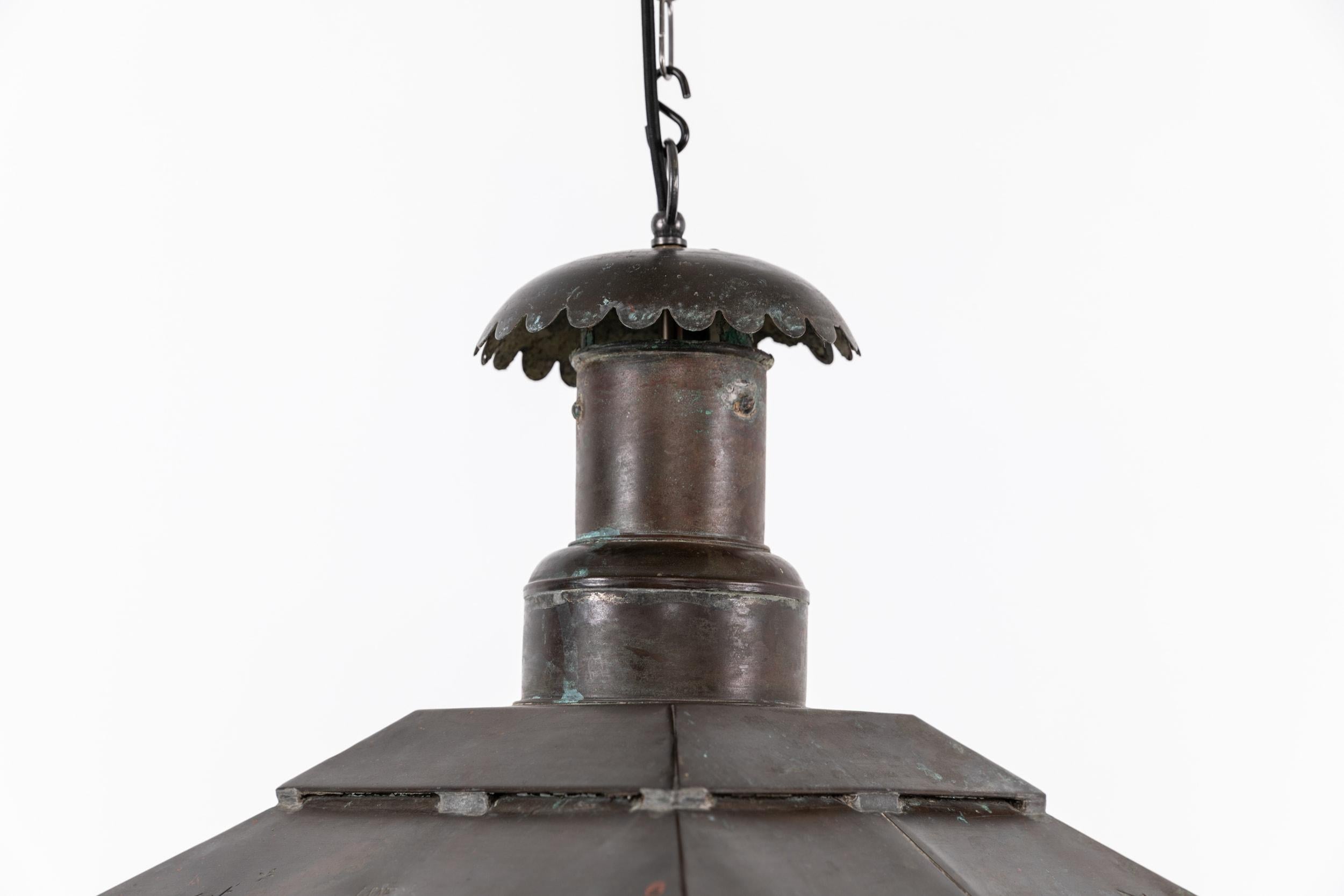 Industrial Antique Glazed Copper Railway L&NE Hall Lantern Pendant Light Lamp. C.1900 For Sale