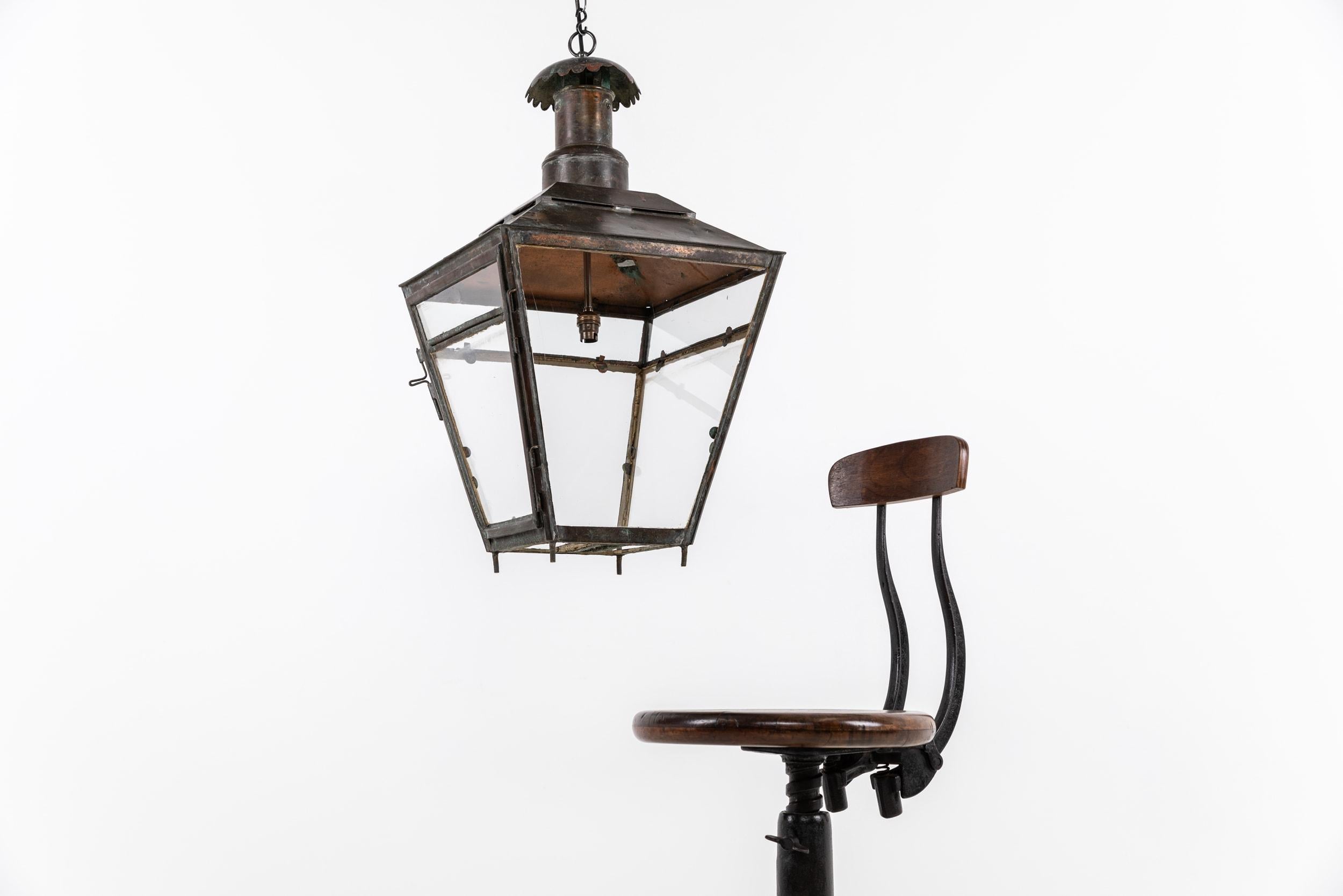 Glass Antique Glazed Copper Railway L&NE Hall Lantern Pendant Light Lamp. C.1900 For Sale