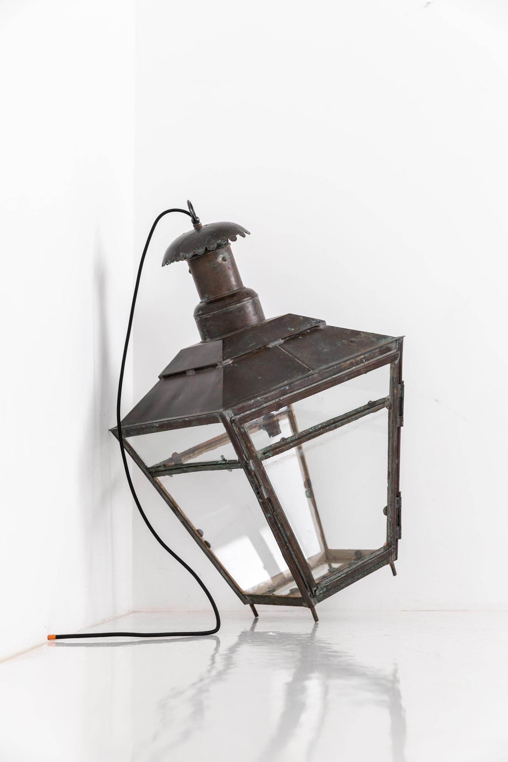 Antique Glazed Copper Railway L&NE Hall Lantern Pendant Light Lamp. C.1900 For Sale 1
