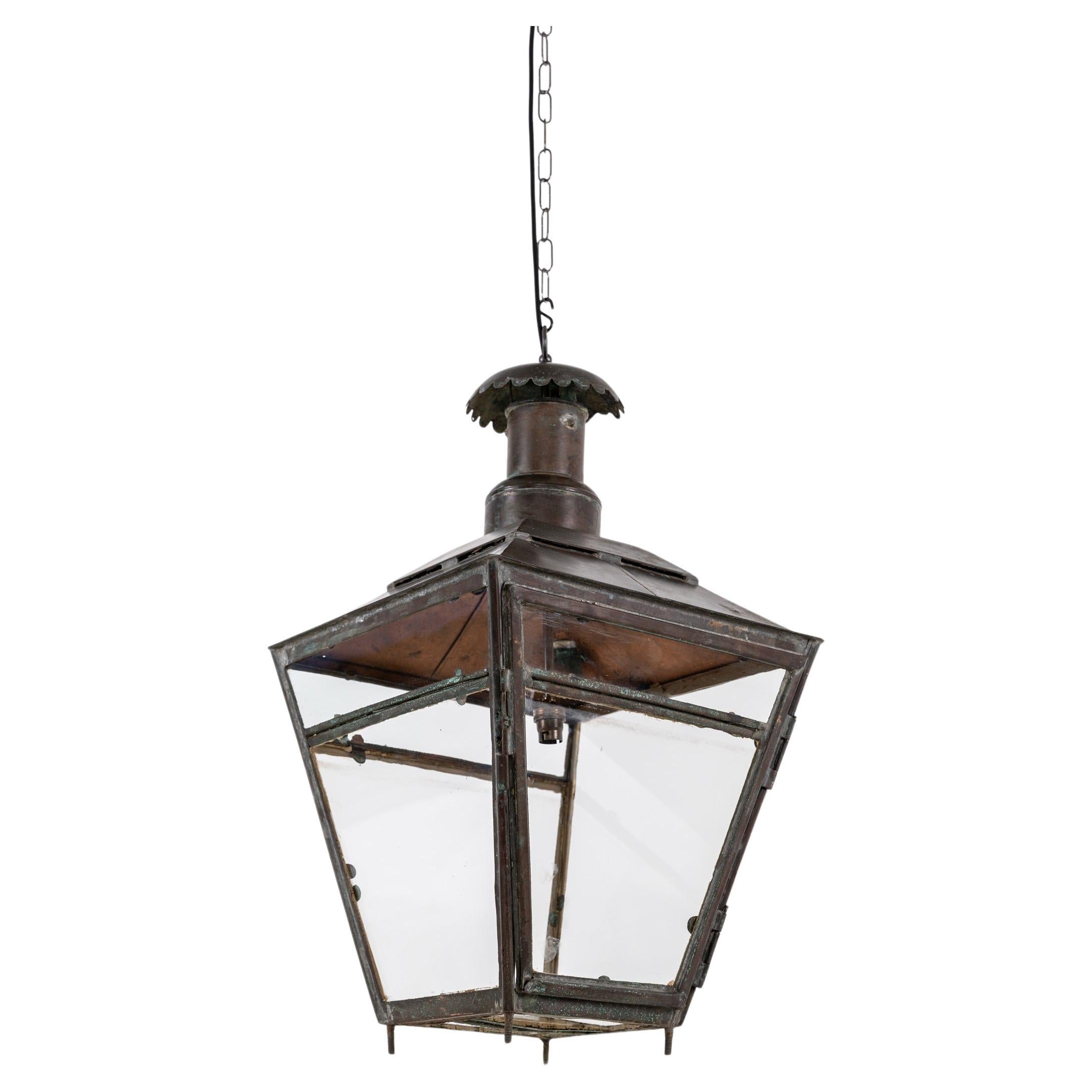 Antique Glazed Copper Railway L&NE Hall Lantern Pendant Light Lamp. C.1900 For Sale