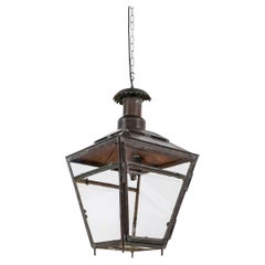 Lampe pendante ancienne de la lanterne d'entrée L&NE Hall en cuivre émaillé C.1900