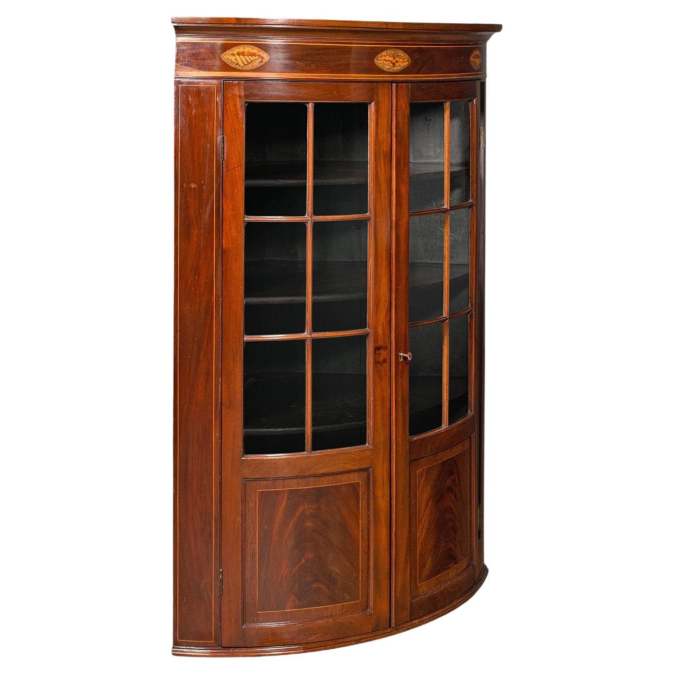 Antique Glazed Corner Cabinet, English, Bow Front, Display, Georgian, Circa 1800 For Sale