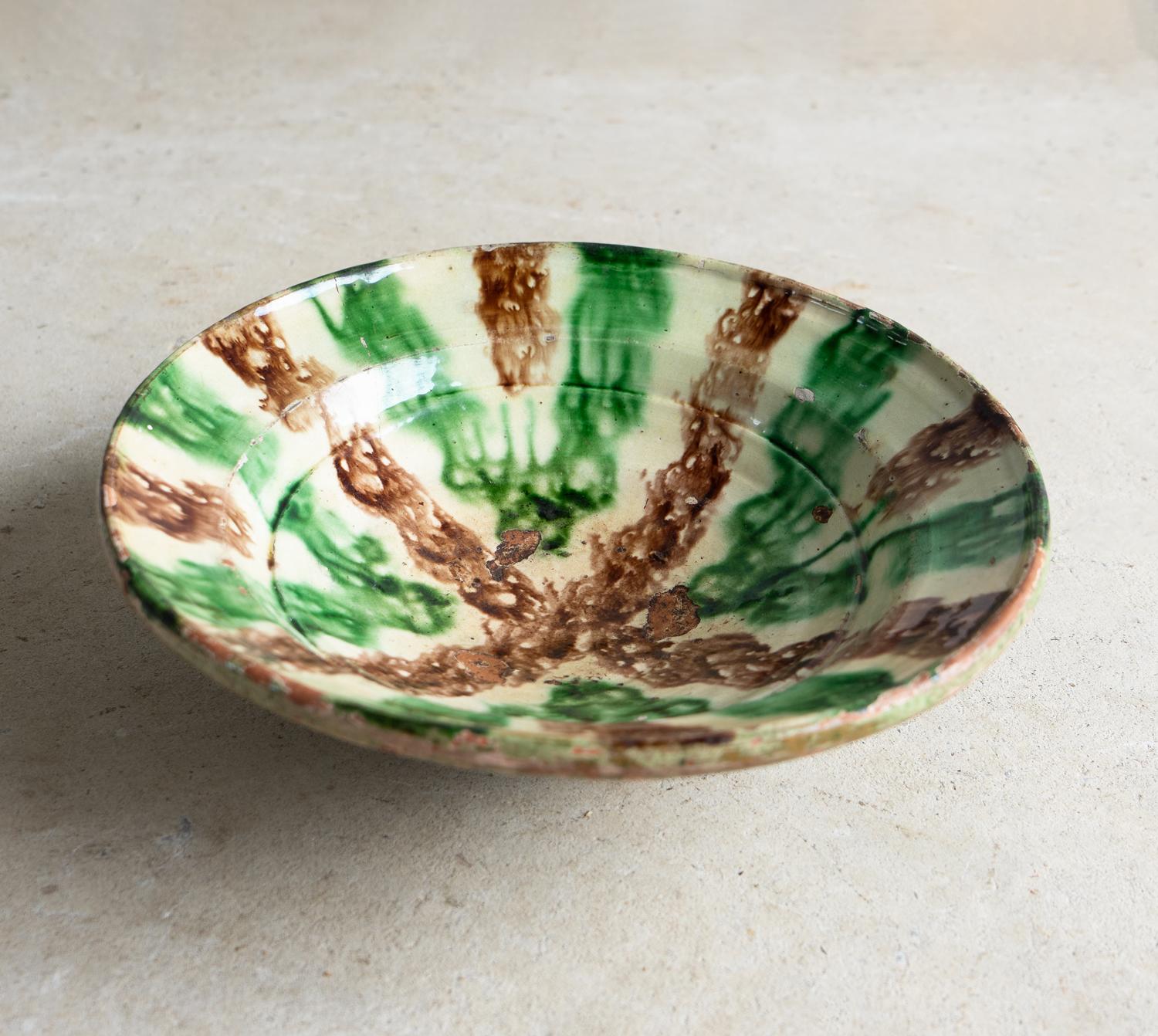 Pakistani Antique Glazed Earthenware Slipware Bowl, Swat Valley, Late 19th/Early 20th C. For Sale