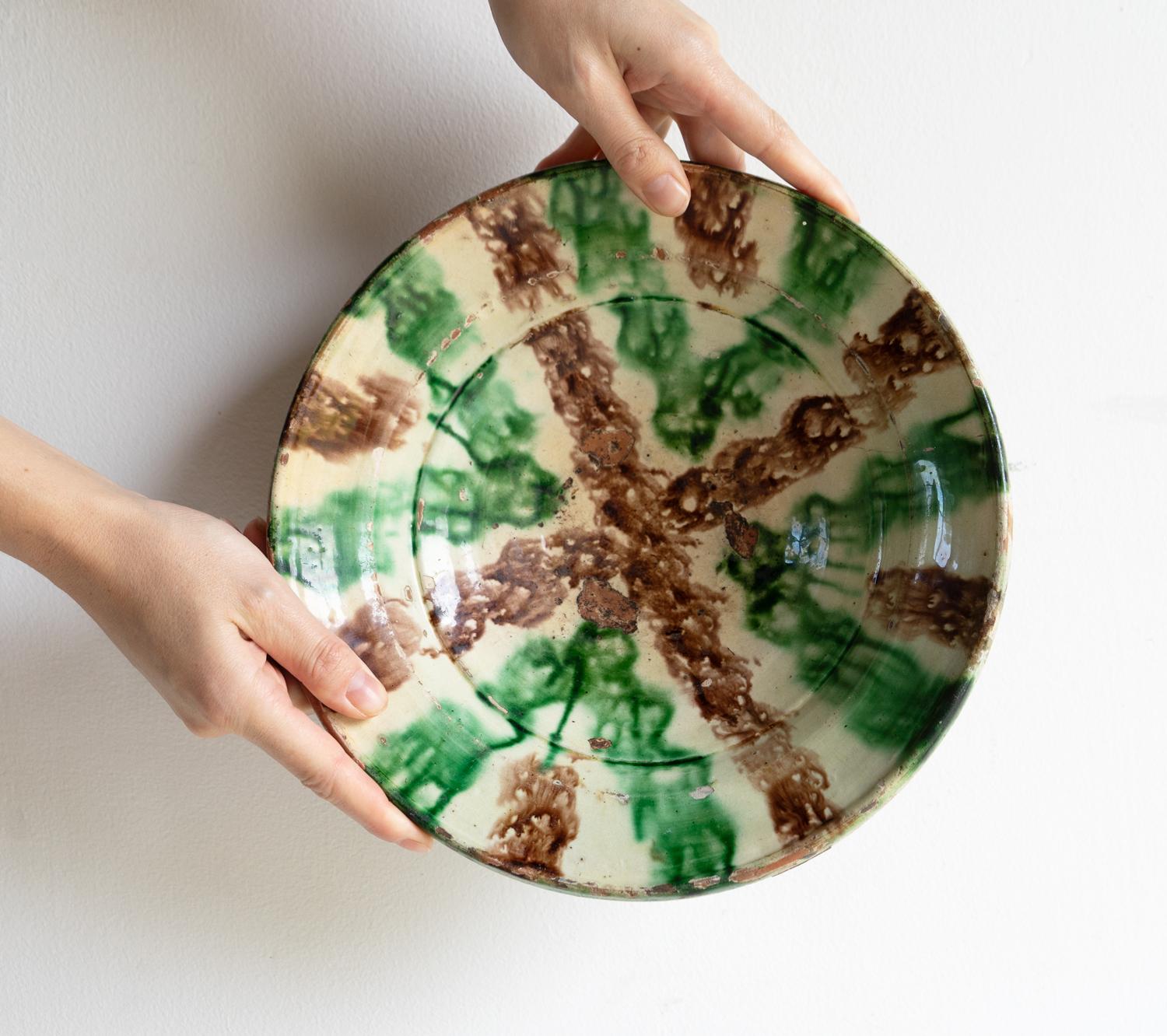 Clay Antique Glazed Earthenware Slipware Bowl, Swat Valley, Late 19th/Early 20th C. For Sale