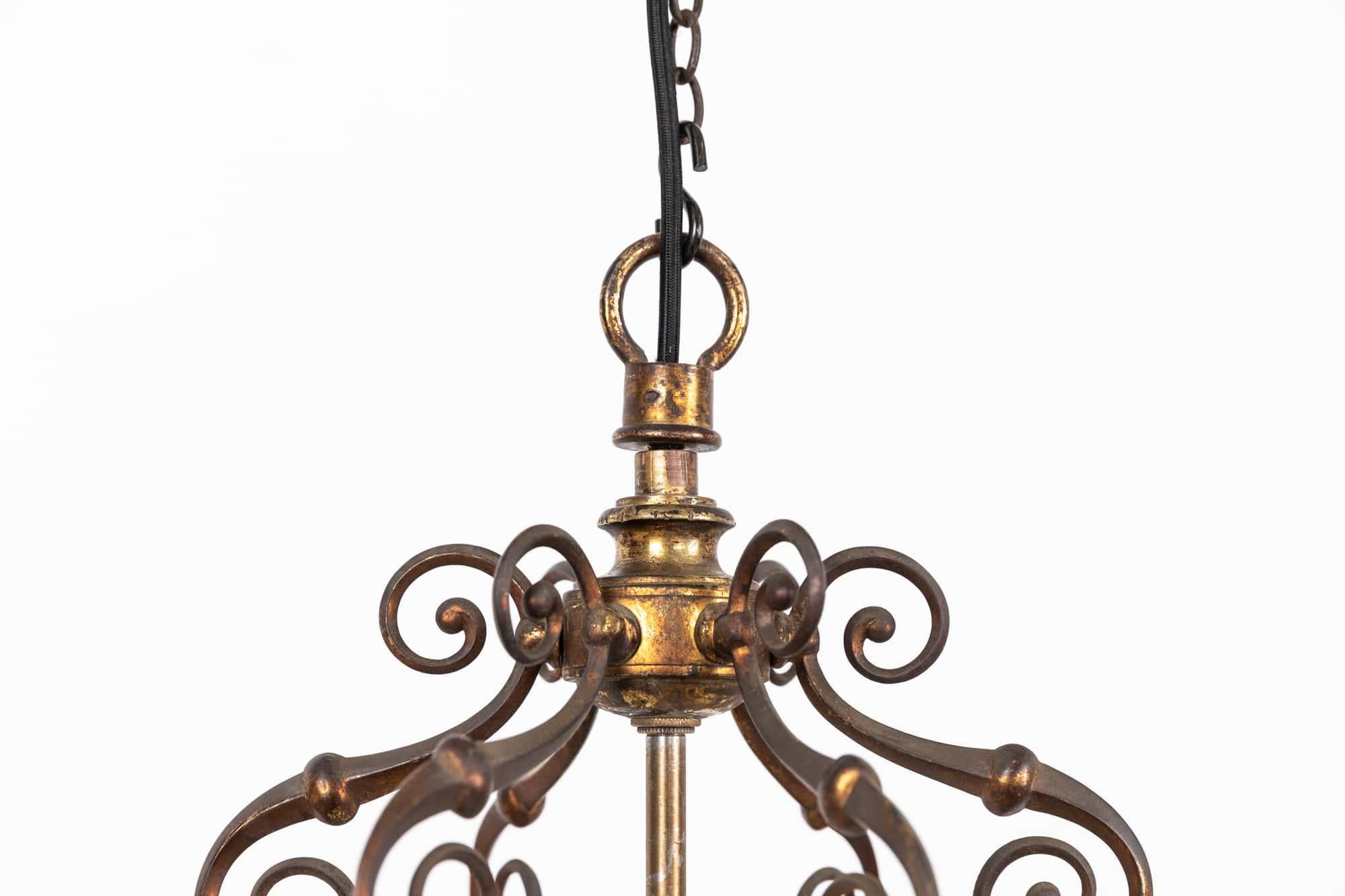 English Antique Glazed Gilt Brass Hall Lantern Pendant Light Lamp. C.1920 For Sale