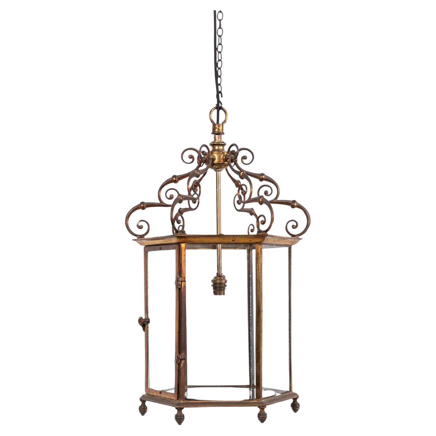 Antique Glazed Gilt Brass Hall Lantern Pendant Light Lamp. C.1920