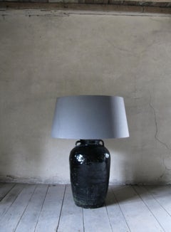 Antique, Glazed Lamp, Lamp with Linen Shade, Black Glazed Lamp, Antique Lamp